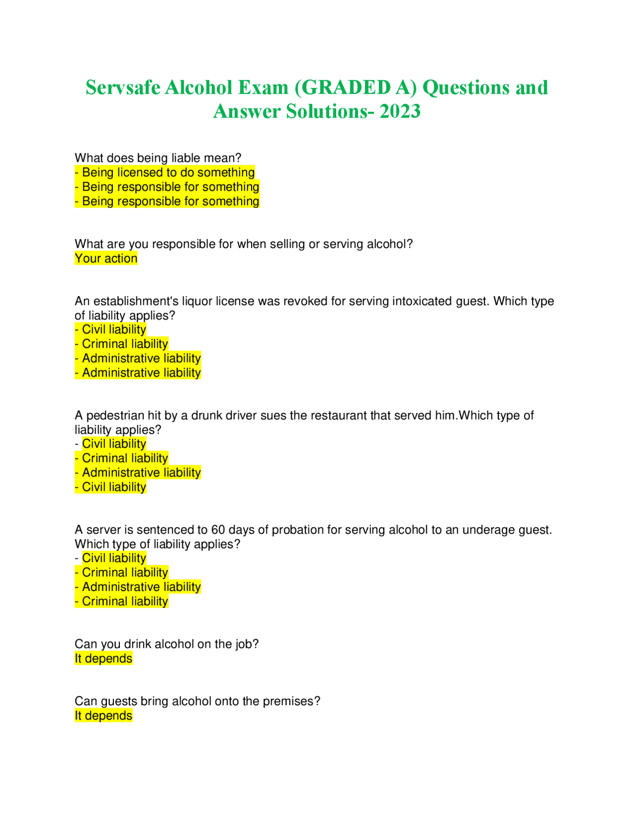 Servsafe Alcohol Exam GRADED A Questions And Answer Solutions Exams servsafe-alcohol-exam-graded-a-questions-and-answer-solutions-exams