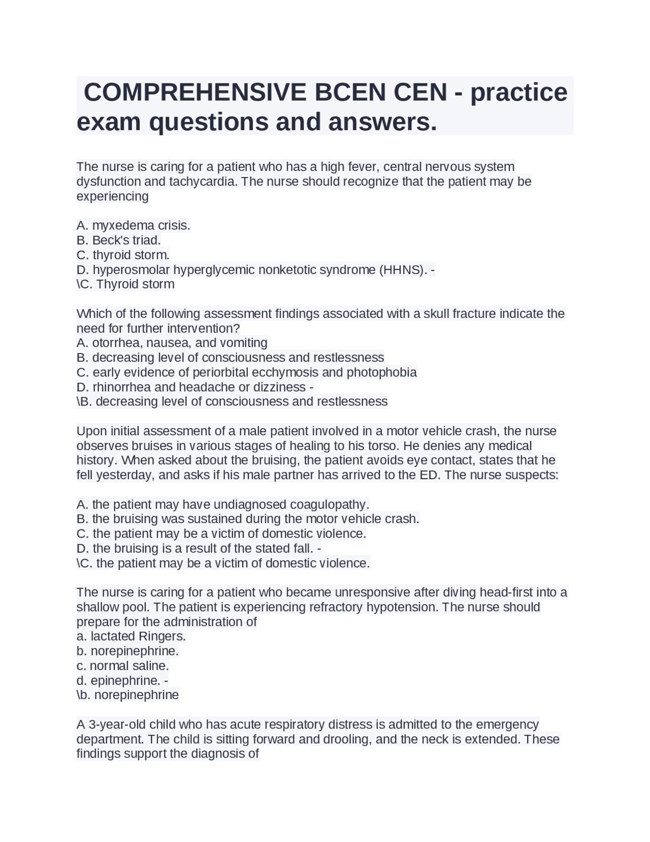 COMPREHENSIVE BCEN CEN - practice exam questions and answers. | Exams ...