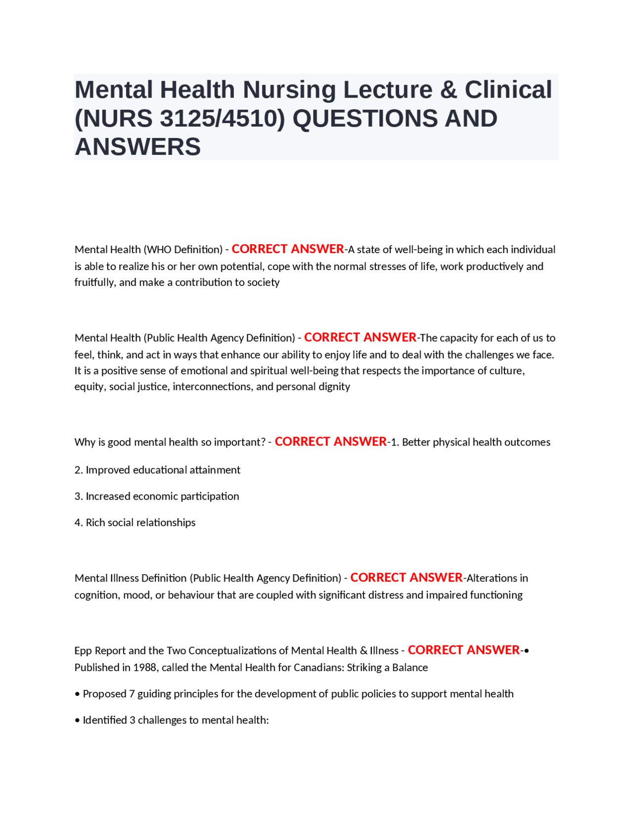 Mental Health Nursing Lecture & Clinical | Exams Nursing | Docsity