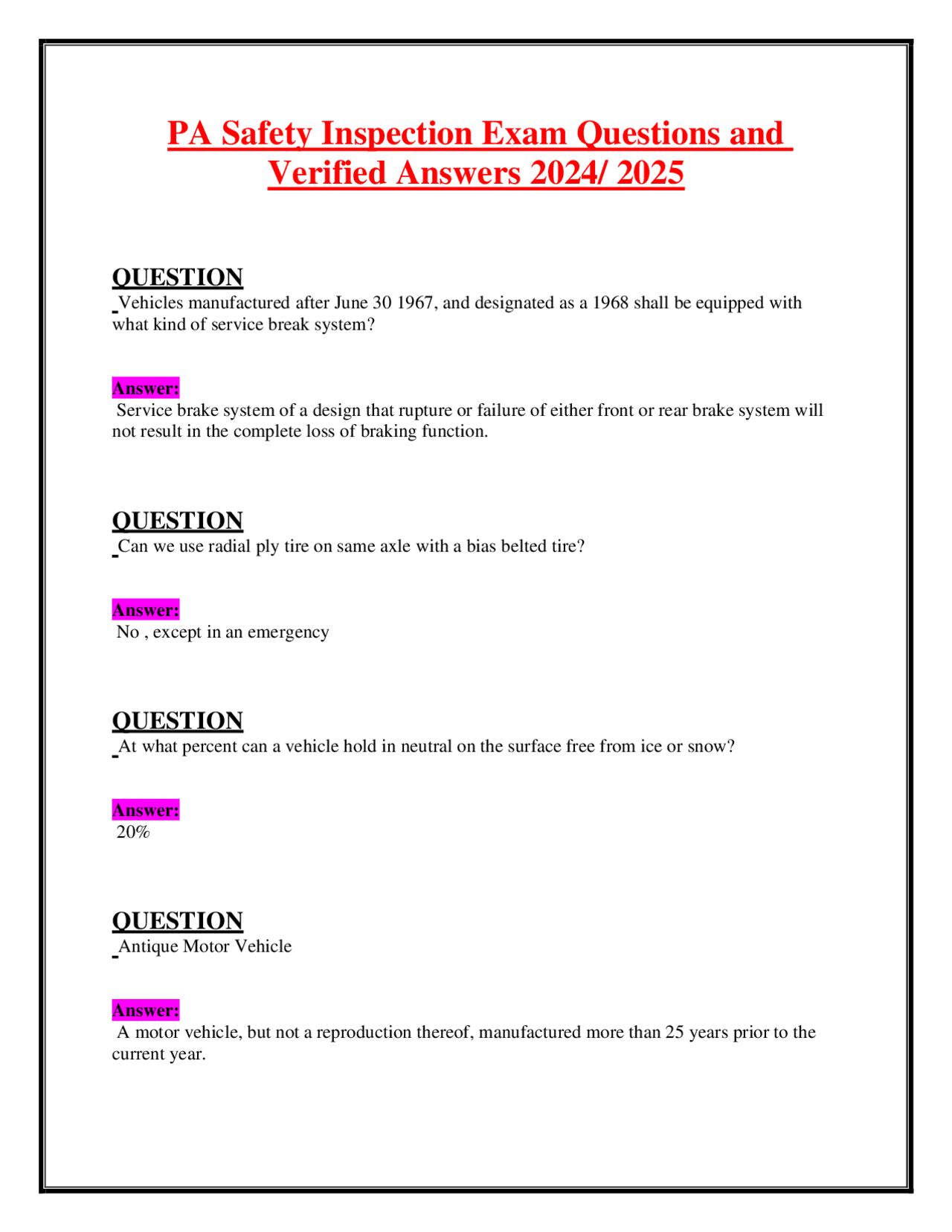 PA Safety Inspection Exam Questions and Verified Answers 2024/ 2025 ...