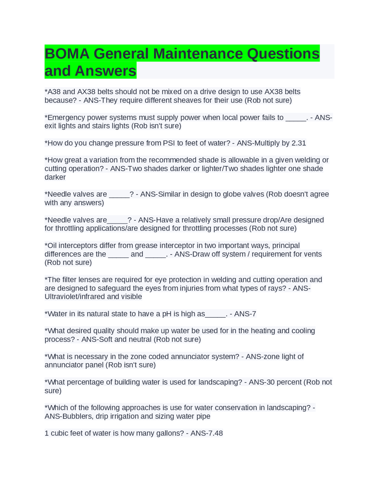 BOMA General Maintenance Questions and Answers Exams Engineering