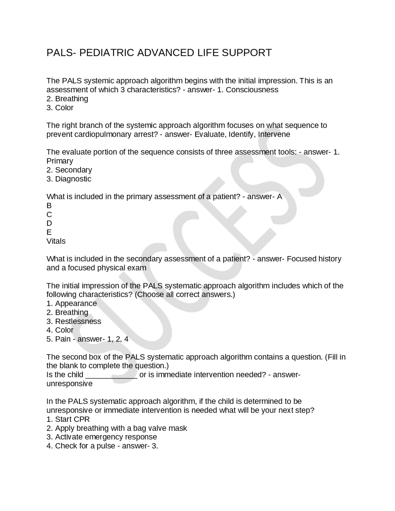 PALS- PEDIATRIC ADVANCED LIFE SUPPORT | Exams Nursing | Docsity
