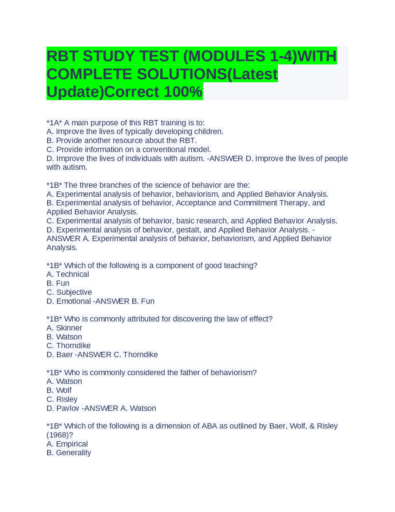 RBT STUDY TEST (MODULES 1-4)WITH COMPLETE SOLUTIONS(Latest Update ...