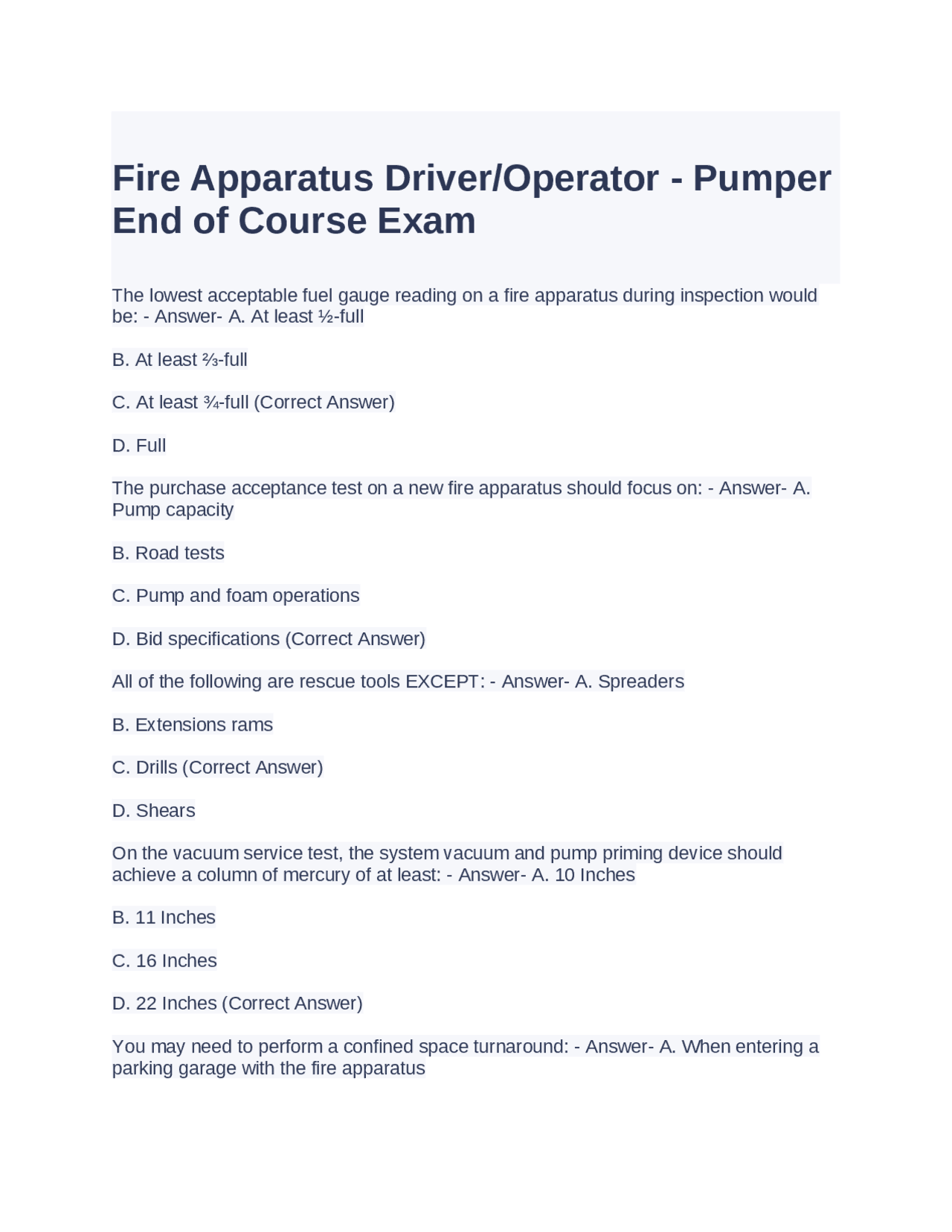 Fire Apparatus Driver-Operator - Pumper End of Course Exam 2024 | Exams ...