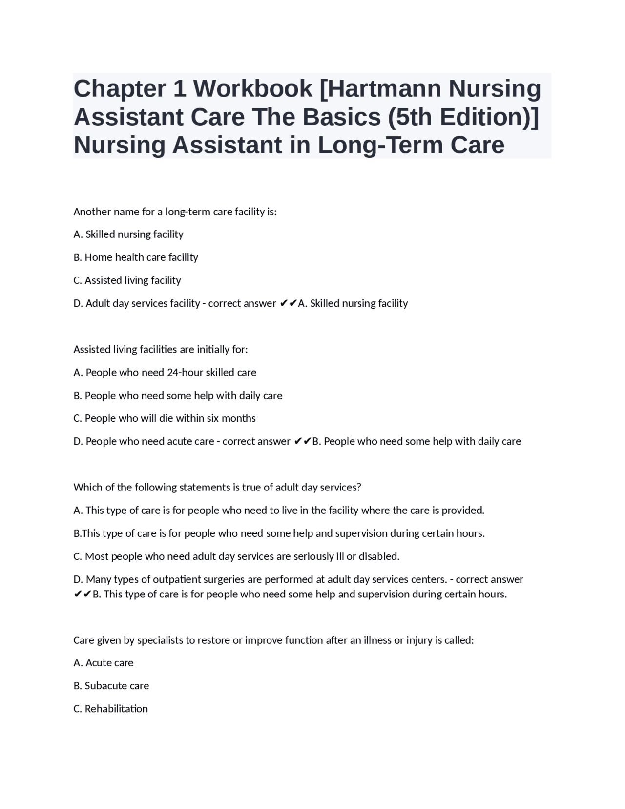 Chapter 1 Workbook [Hartmann Nursing Assistant Care The Basics (5th ...