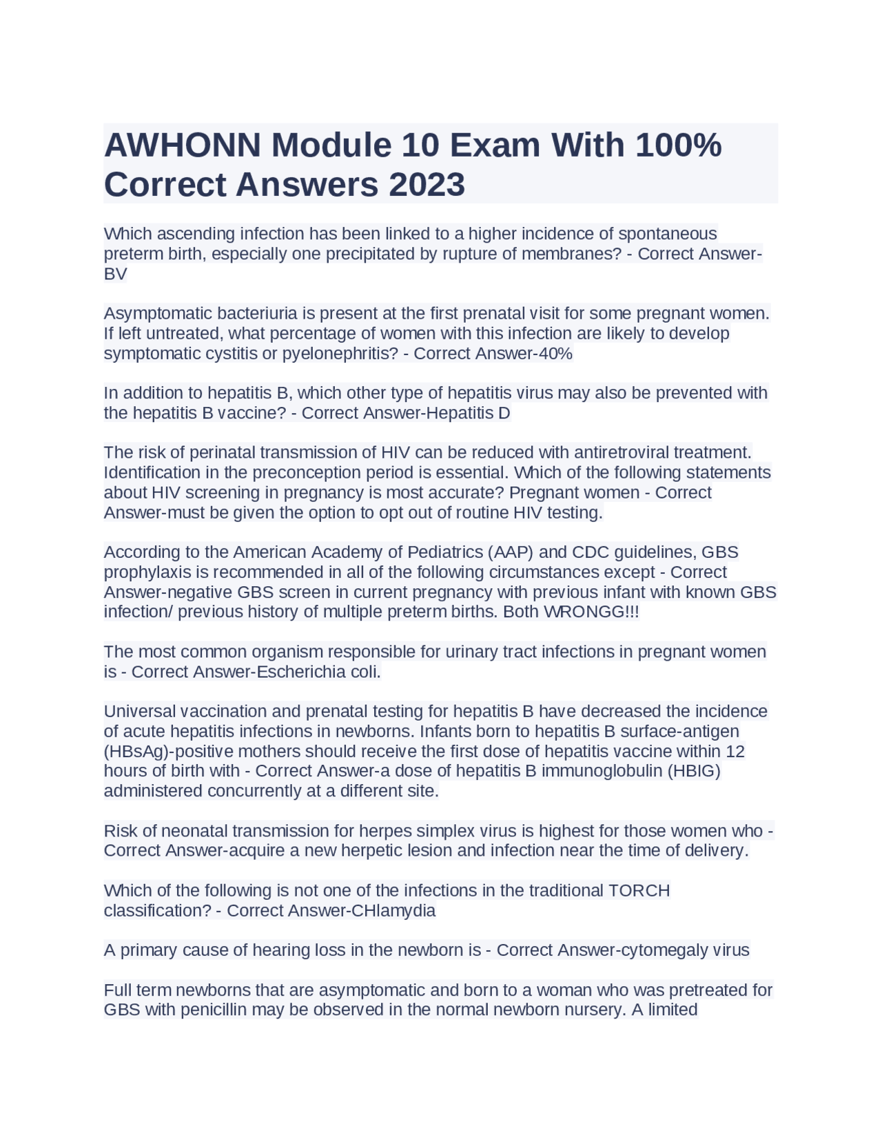 AWHONN Module 10 Exam With 100% Correct Answers 2023 | Exams Advanced ...