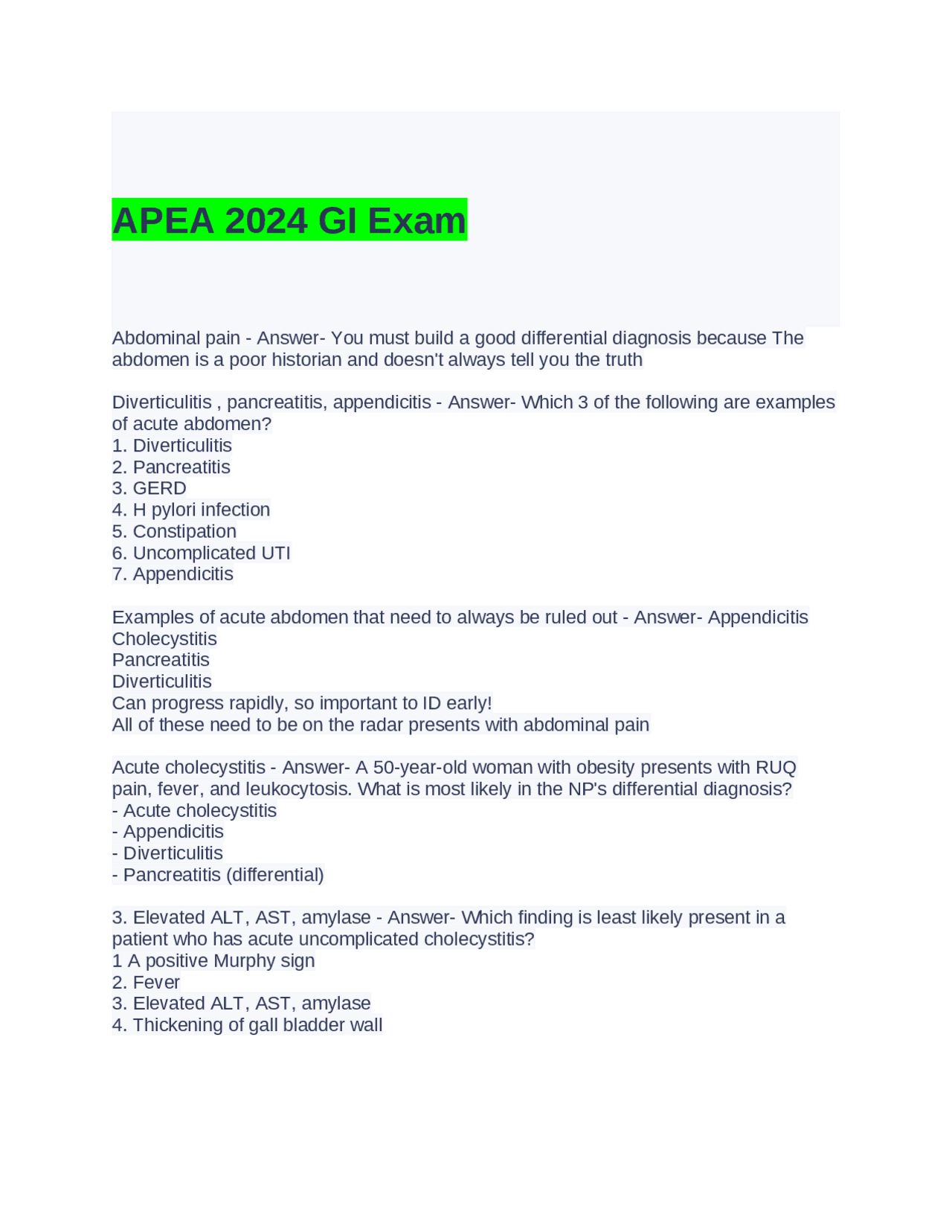 APEA 2024 GI Exam Questions and Answers | Exams Advanced Education ...