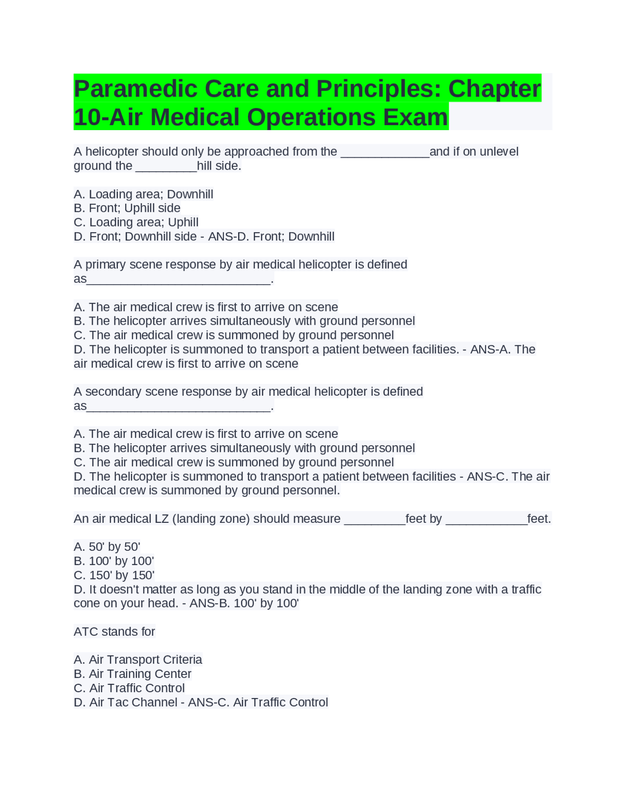 Paramedic Care and Principles Chapter 10-Air Medical | Exams Advanced ...