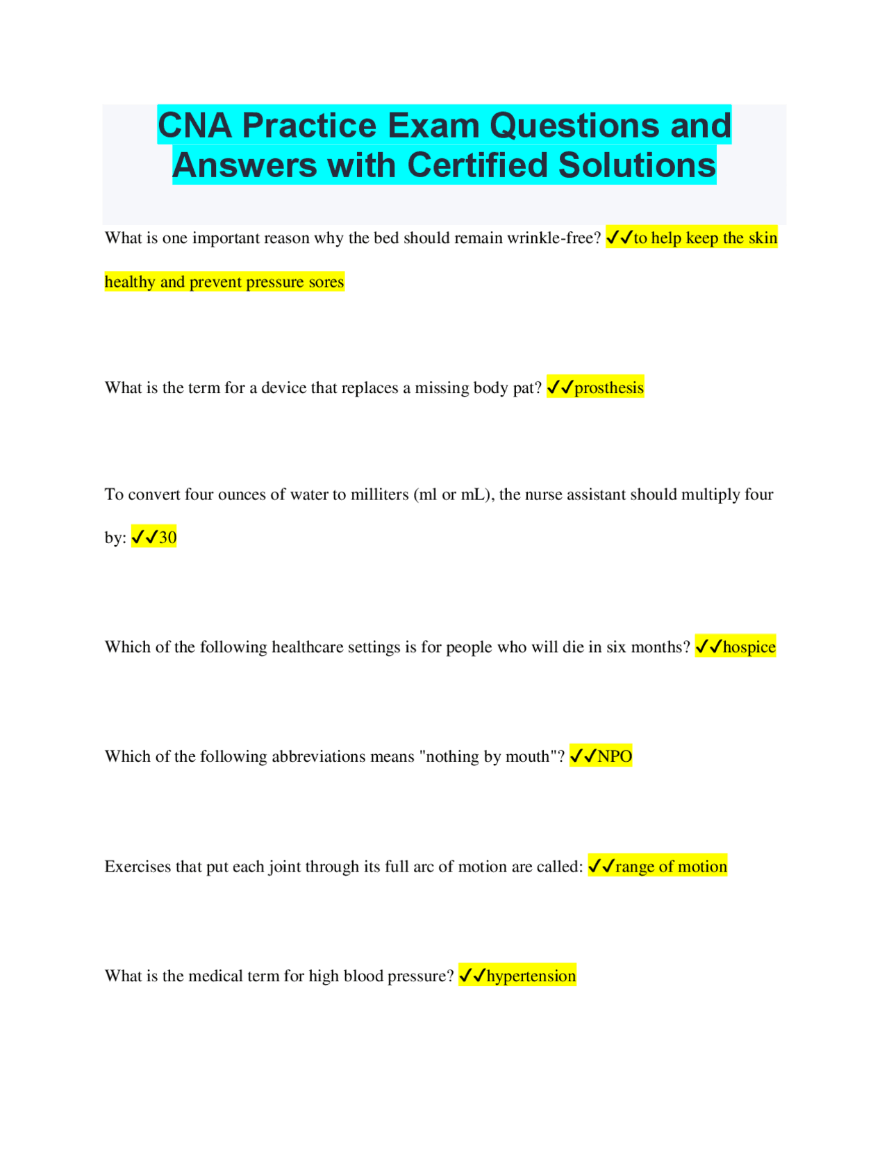 CNA Practice Exam Questions and Answers with Certified Solutions ...