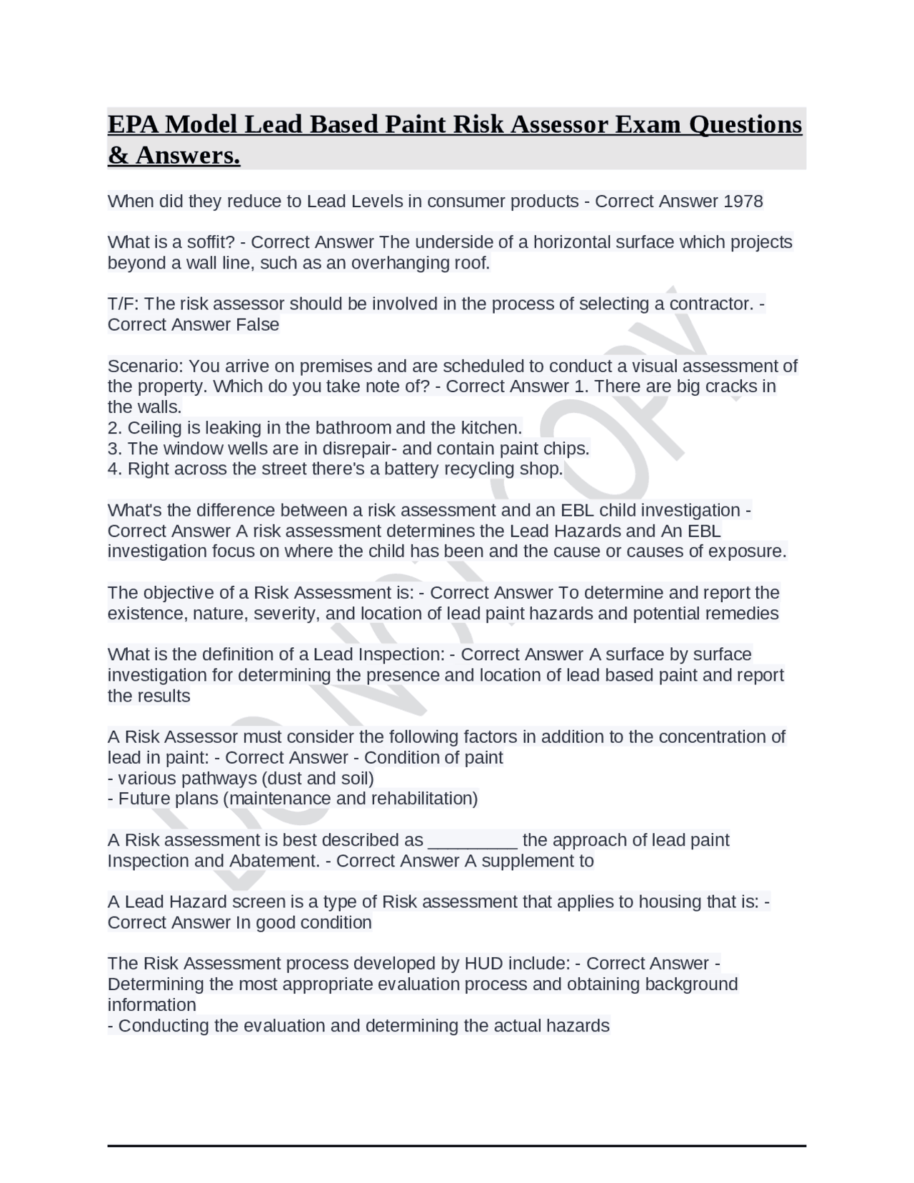 EPA Model Lead Based Paint Risk Assessor Exam Questions & Answers ...