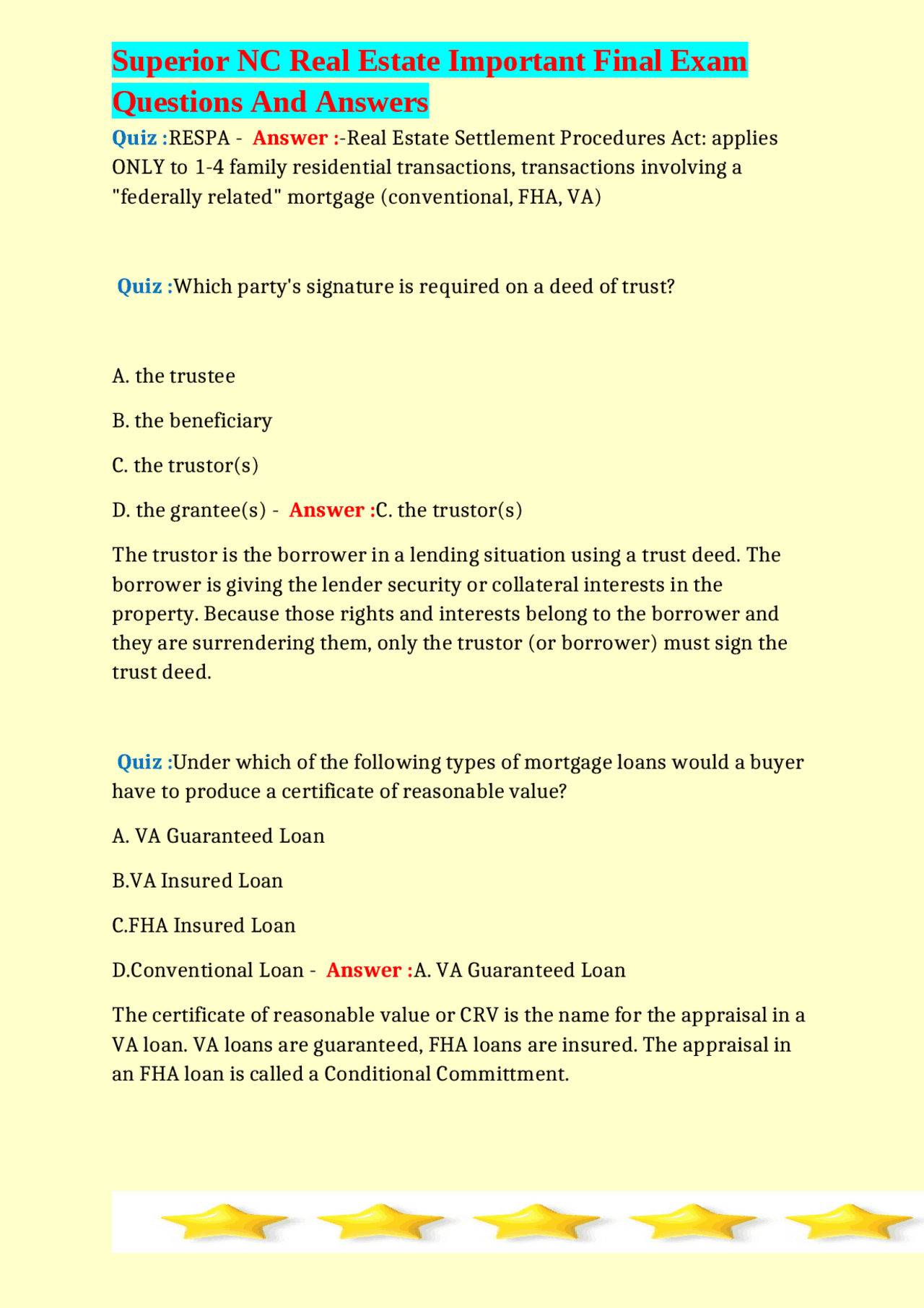Real Estate Final Exam Questions and Answers Exams Real Estate