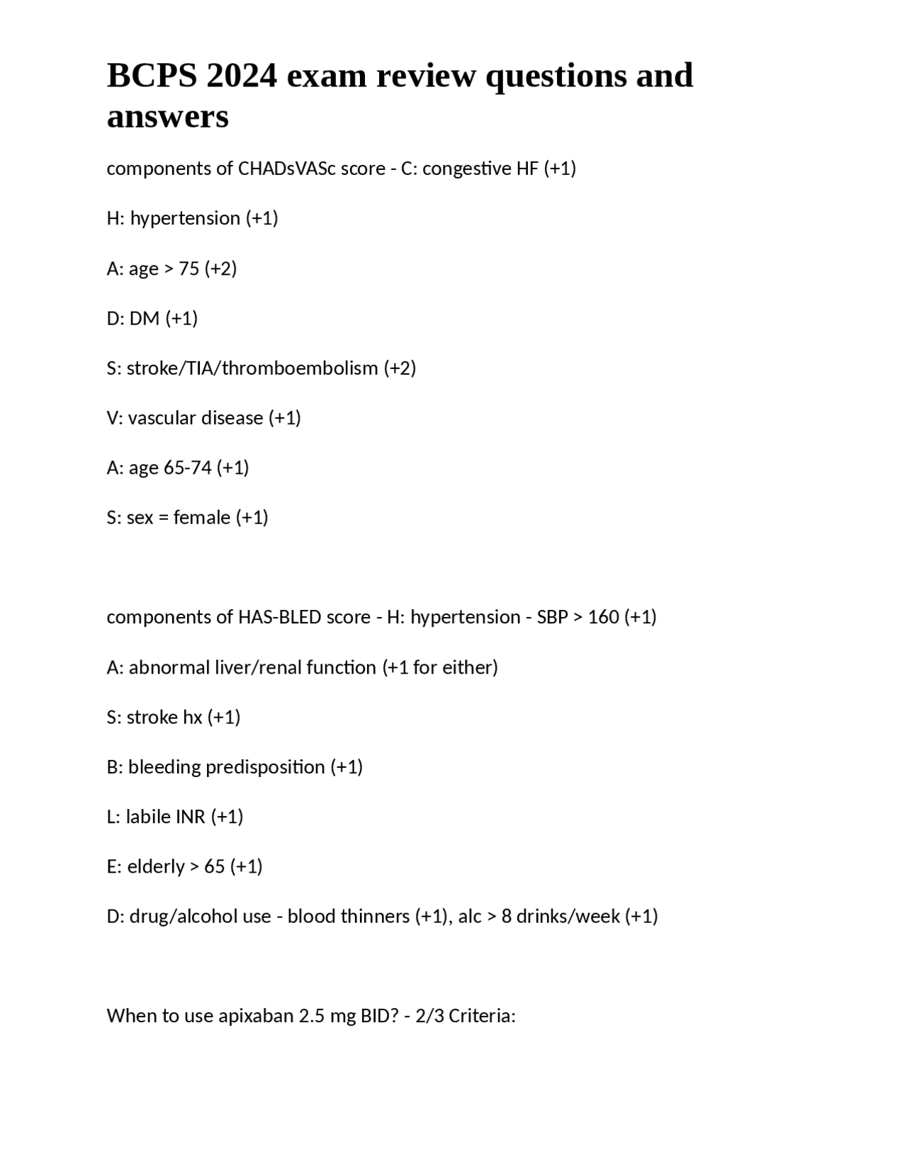 BCPS 2024 exam review questions and answers | Exams Nursing | Docsity