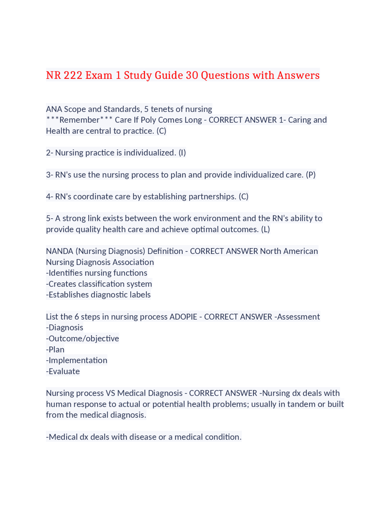 NR 222 Exam 1 Study Guide 30 Questions with Answers,100% CORRECT ...