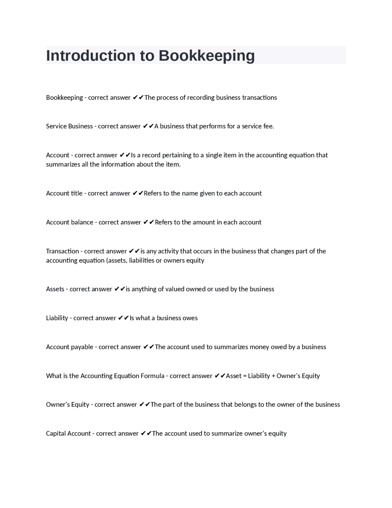 Introduction to Bookkeeping | Exams Nursing | Docsity