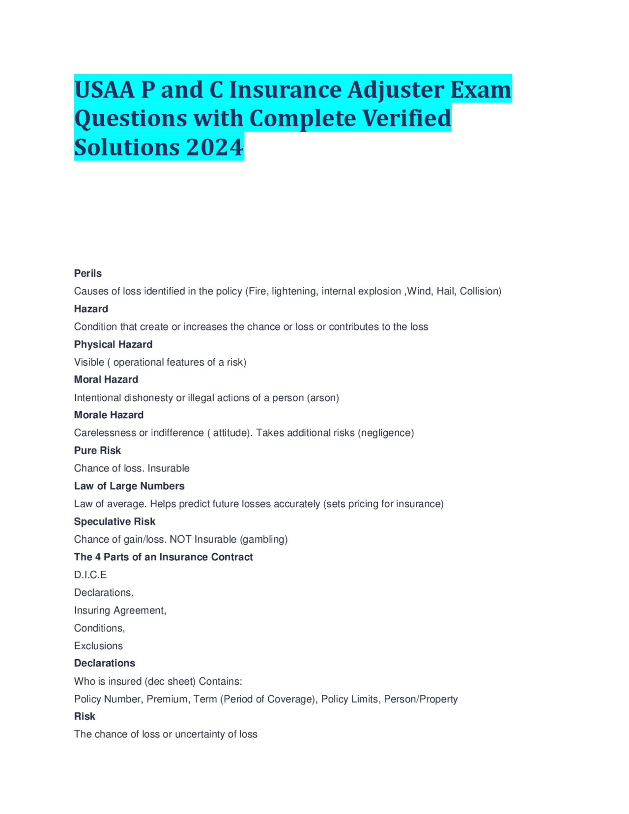 USAA P and C Insurance Adjuster Exam Questions with Complete Verified ...