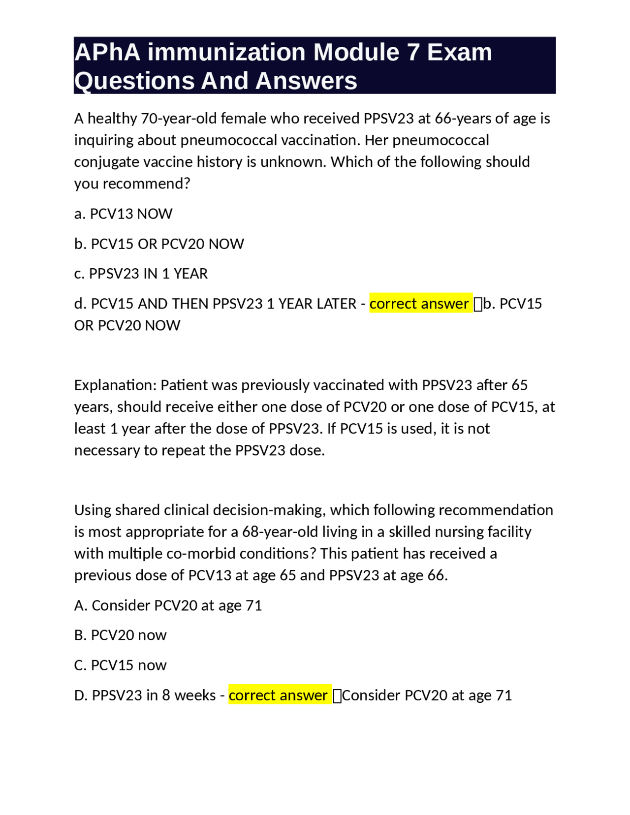 APhA immunization Module 7 Exam Questions And Answers | Exams Medicine ...