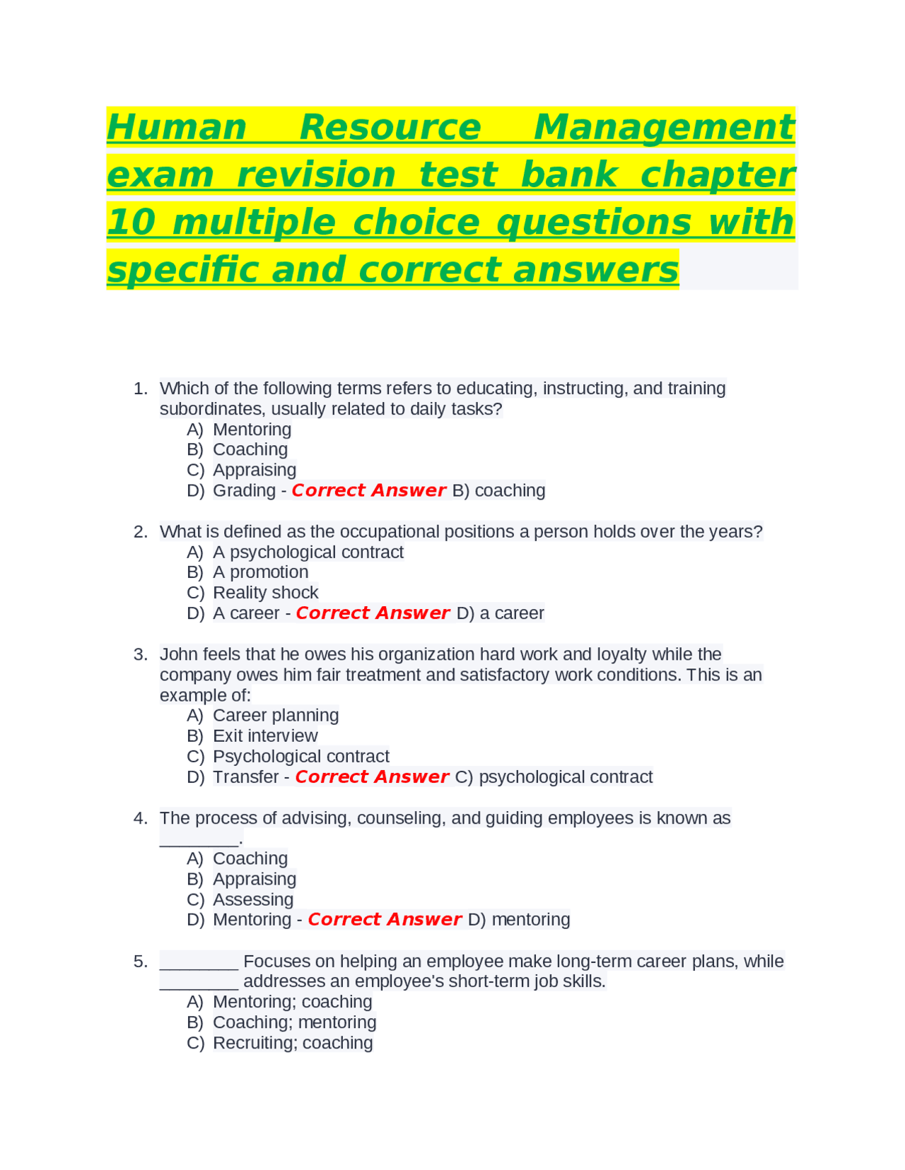 Human Resource Management exam revision test bank chapter 10 multiple ...