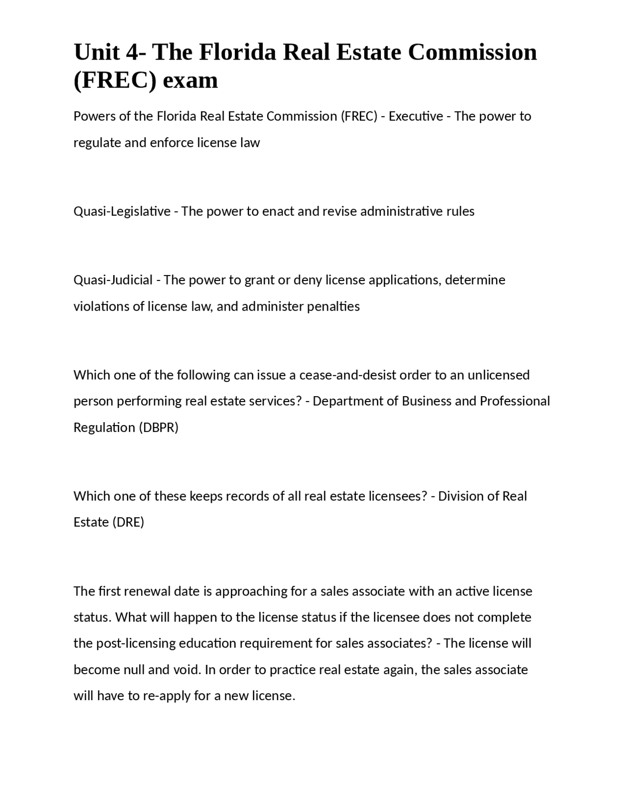 The Florida Real Estate Commission (FREC) Exam Exams Nursing Docsity