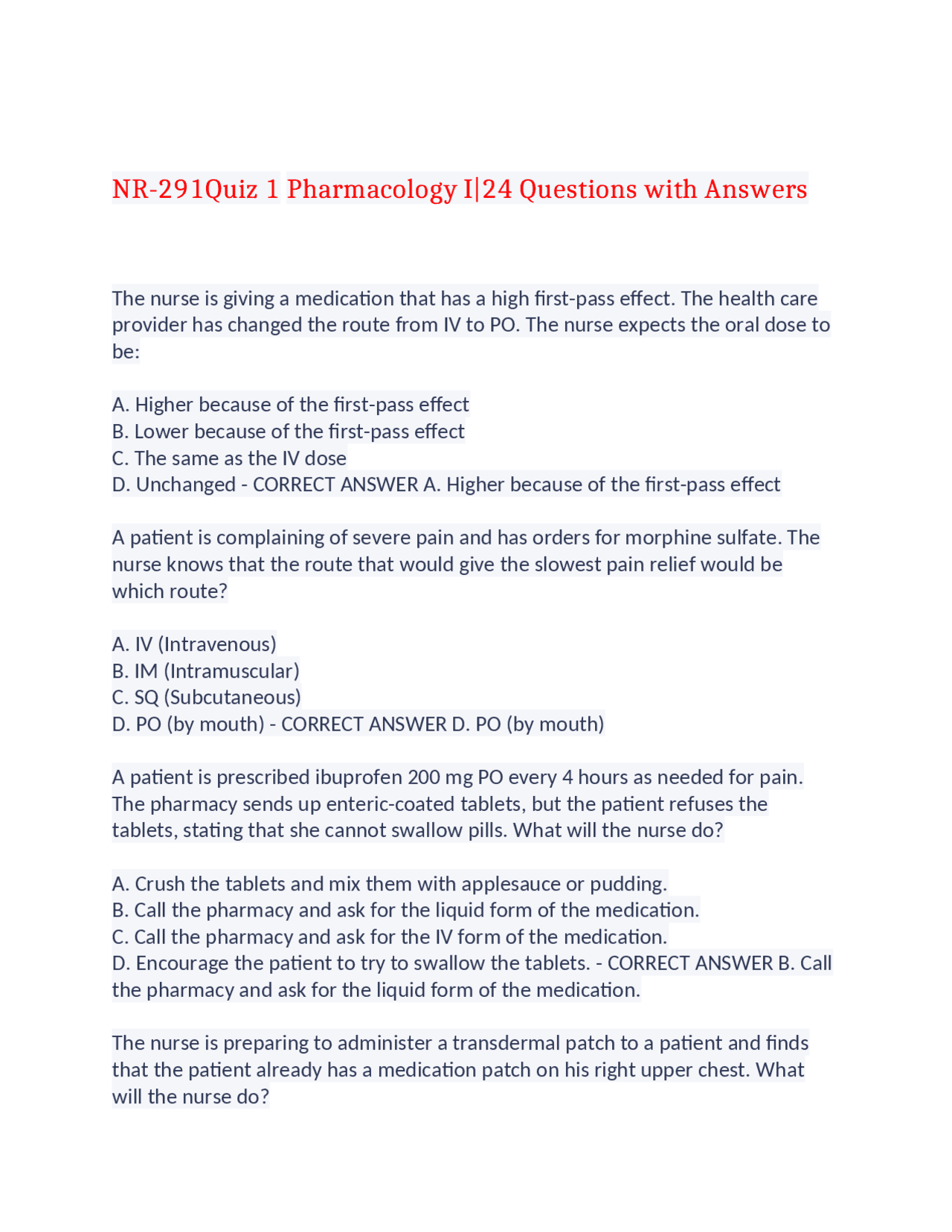 NR-291Quiz 1 Pharmacology I|24 Questions with Answers,100% CORRECT ...