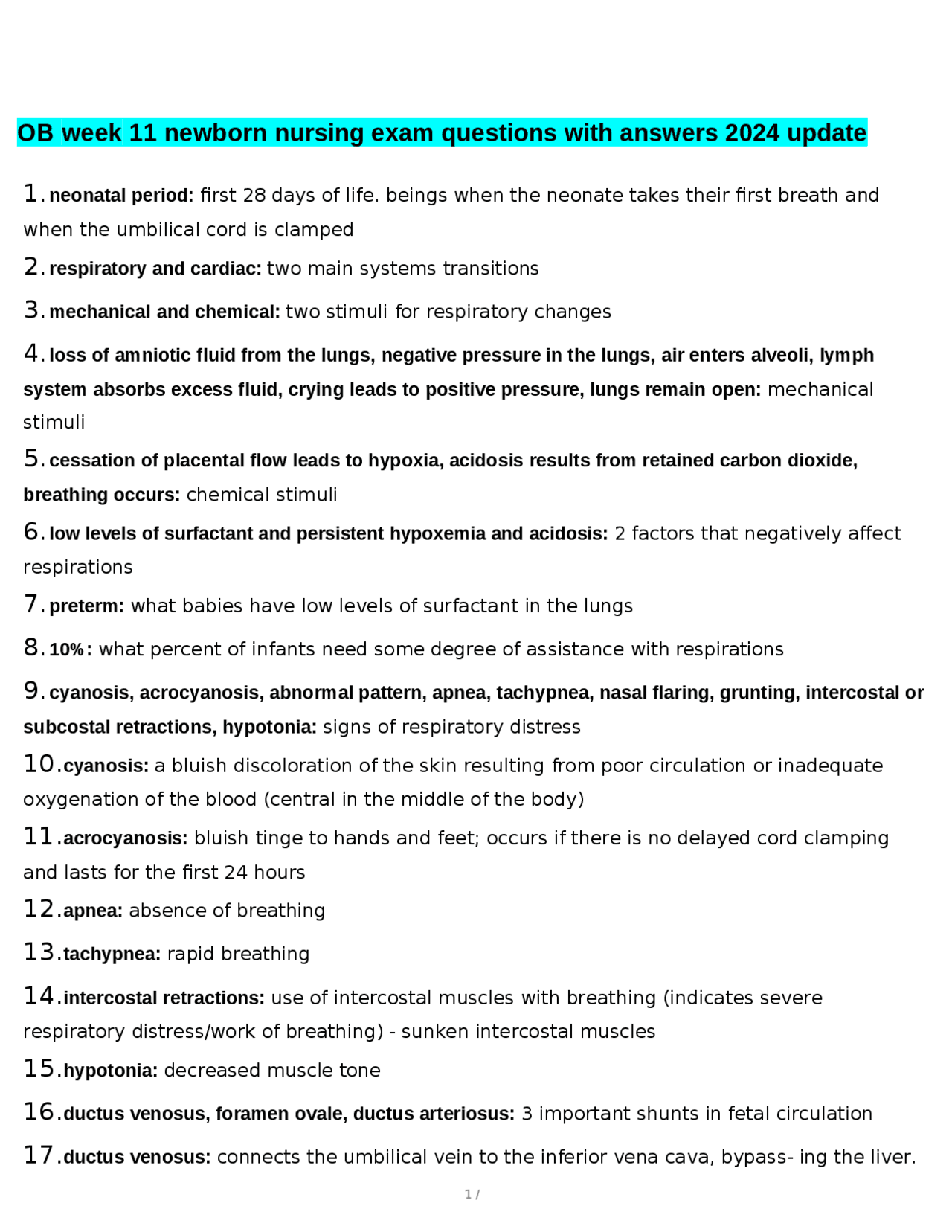 OB week 11 newborn nursing exam questions with answers 2024 update ...