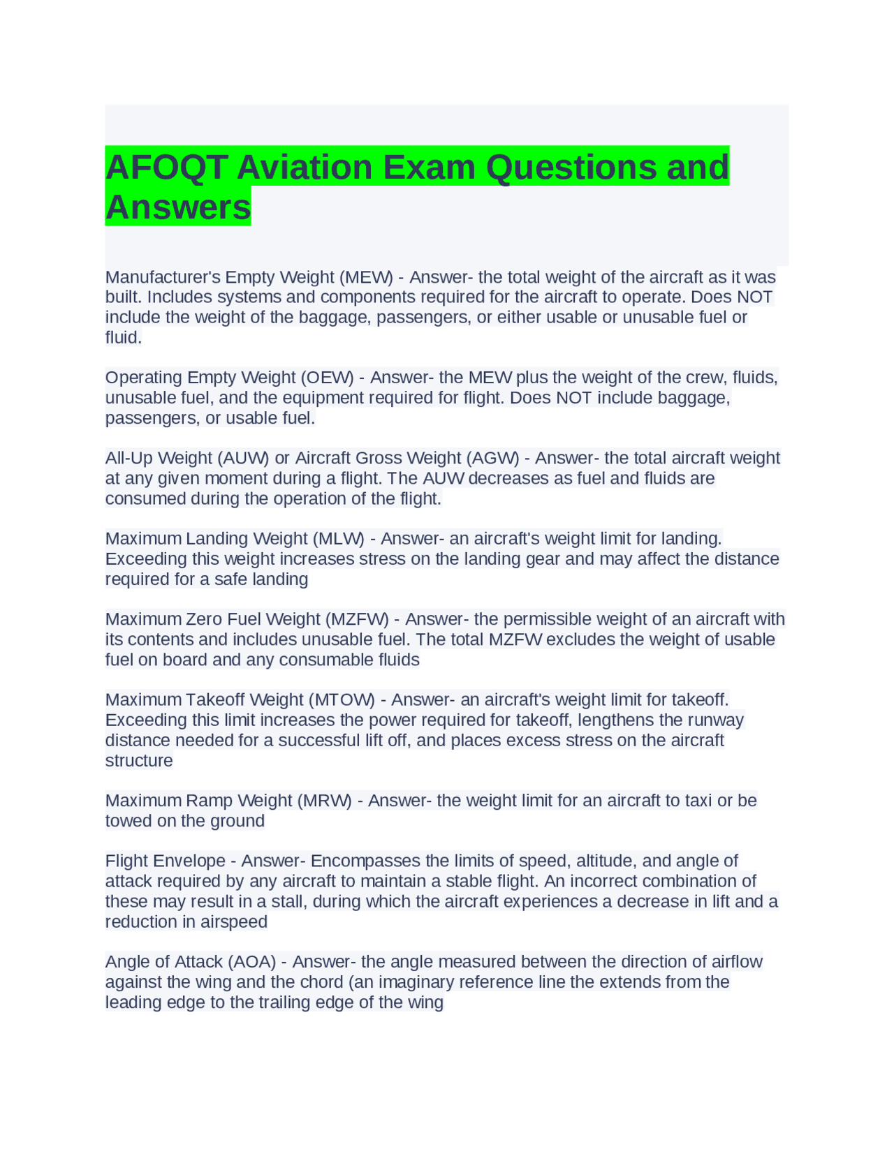 AFOQT Aviation Exam Questions and Answers | Exams Advanced Education ...