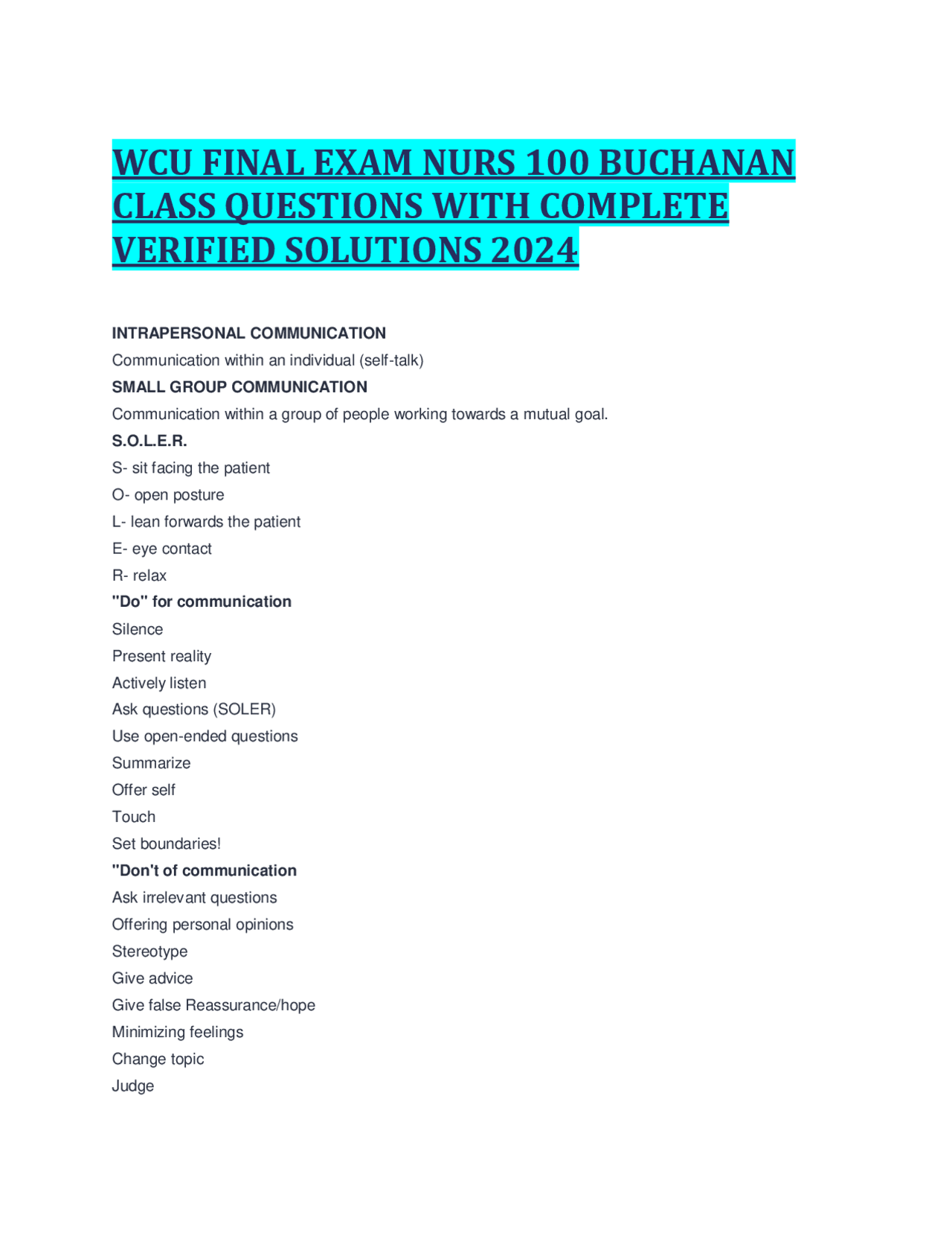 WCU FINAL EXAM NURS 100 BUCHANAN CLASS QUESTIONS WITH COMPLETE VERIFIED ...