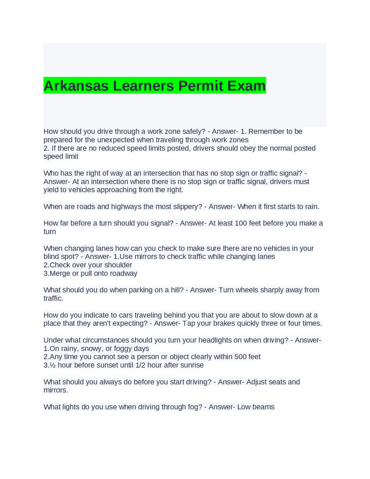 Arkansas Learners Permit Exam Questions and Answers | Exams Advanced ...