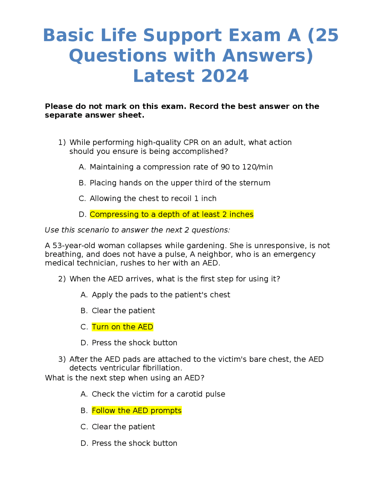 Basic Life Support Exam A (25 Questions with Answers) Latest 2024
