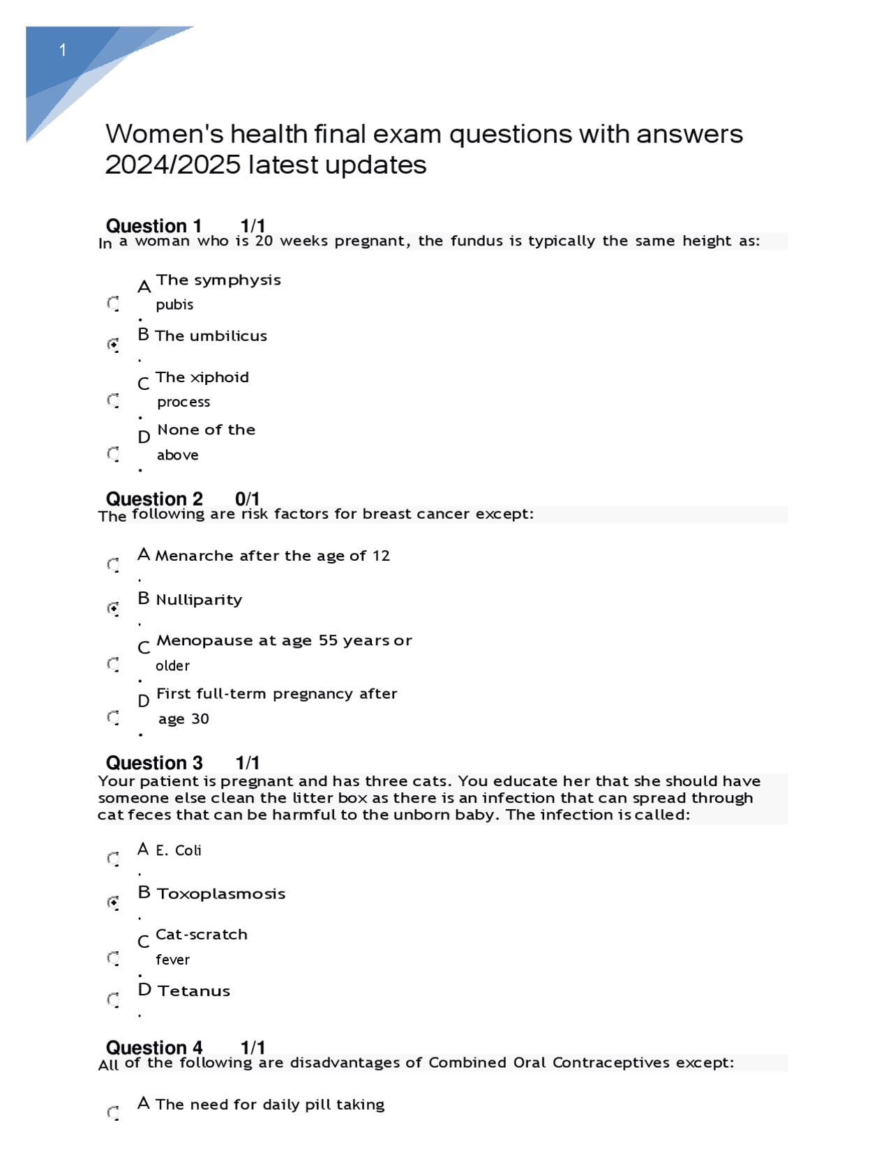 Women's Health Final Exam Questions with Answers Exams Nursing Docsity