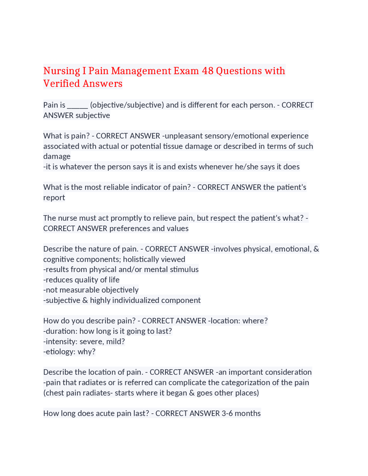 Pain Assessment and Management | Exams Nursing | Docsity