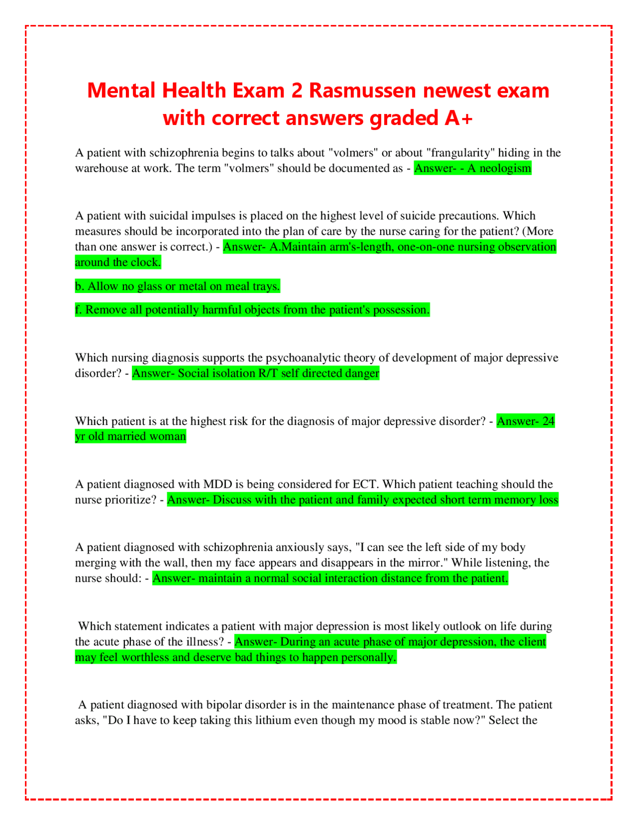 Mental Health Exam 2 Rasmussen newest exam with correct answers graded ...