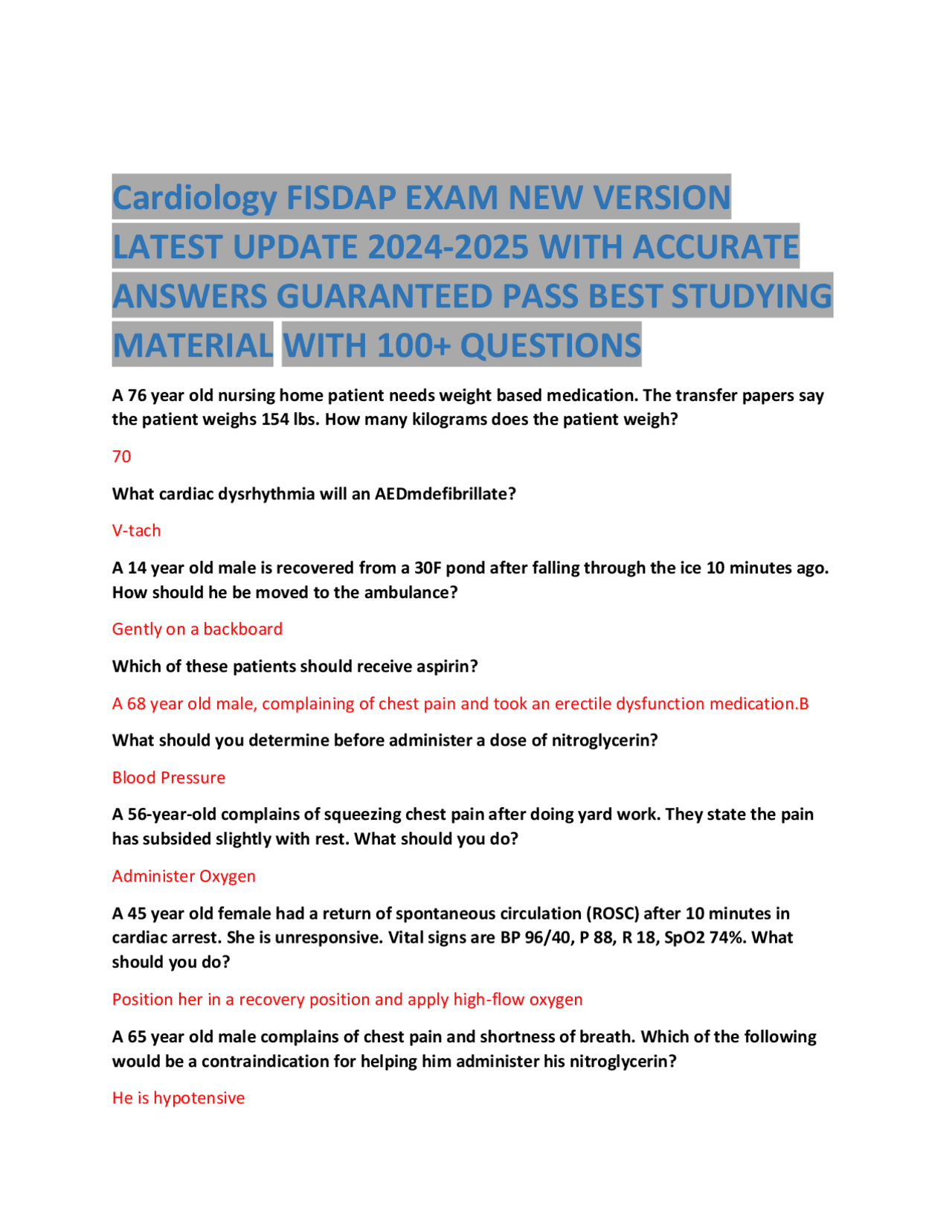 Cardiology Fisdap Exam New Version Latest Update 2024 2025 With