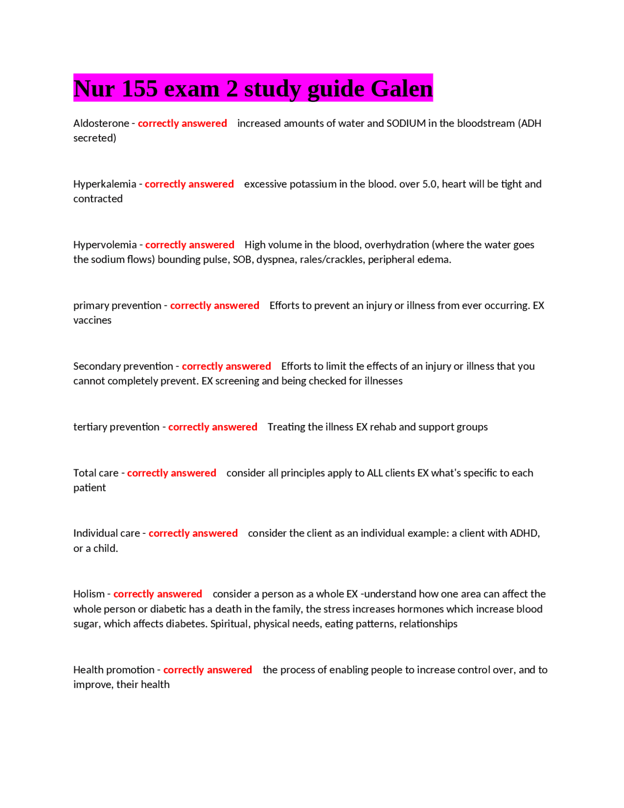 Nur 155 exam 2 study guide Galen | Exams Health sciences | Docsity