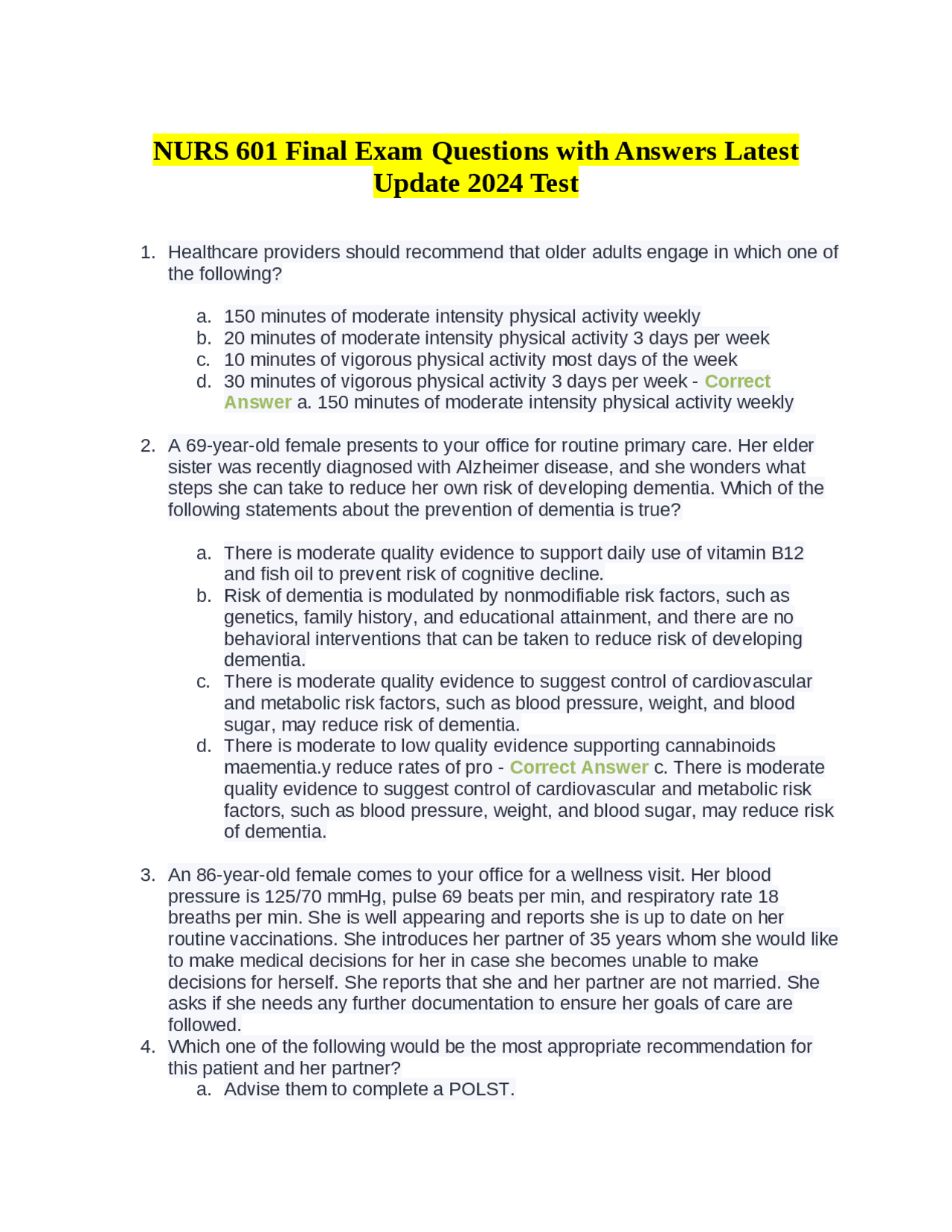 NURS 601 Final Exam Questions with Answers Latest Update 2024 Test ...