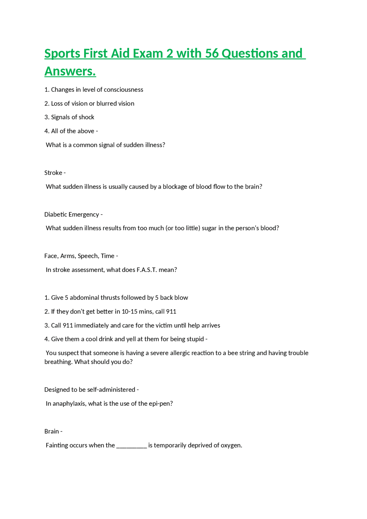 Sports First Aid Exam 2 with 56 Questions and Answers Exams Sport