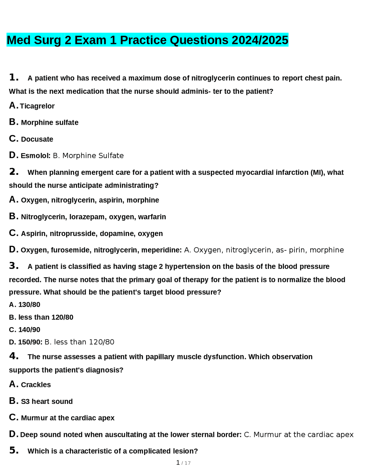 Med Surg 2 Exam 1 Practice Questions 2024/2025 | Exams Nursing | Docsity