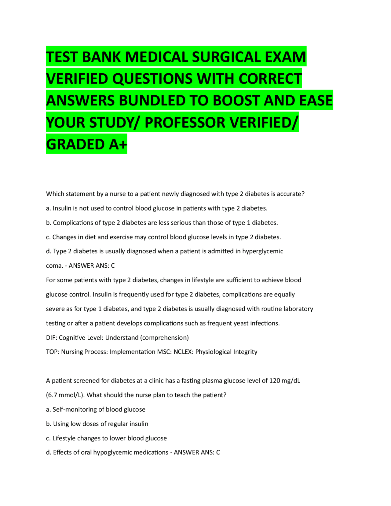 TEST BANK MEDICAL SURGICAL EXAM VERIFIED QUESTIONS WITH CORRECT ANSWERS ...