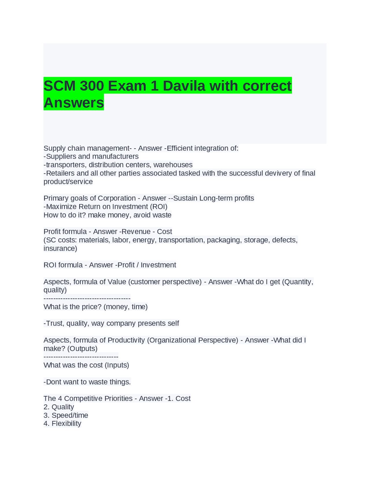 Supply Chain Management Exam 1 Review | Exams Advanced Education | Docsity
