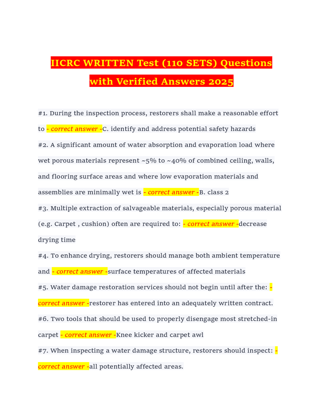 IICRC WRITTEN Test (110 SETS) Questions with Verified Answers 2025 | Exams Nursing | Docsity