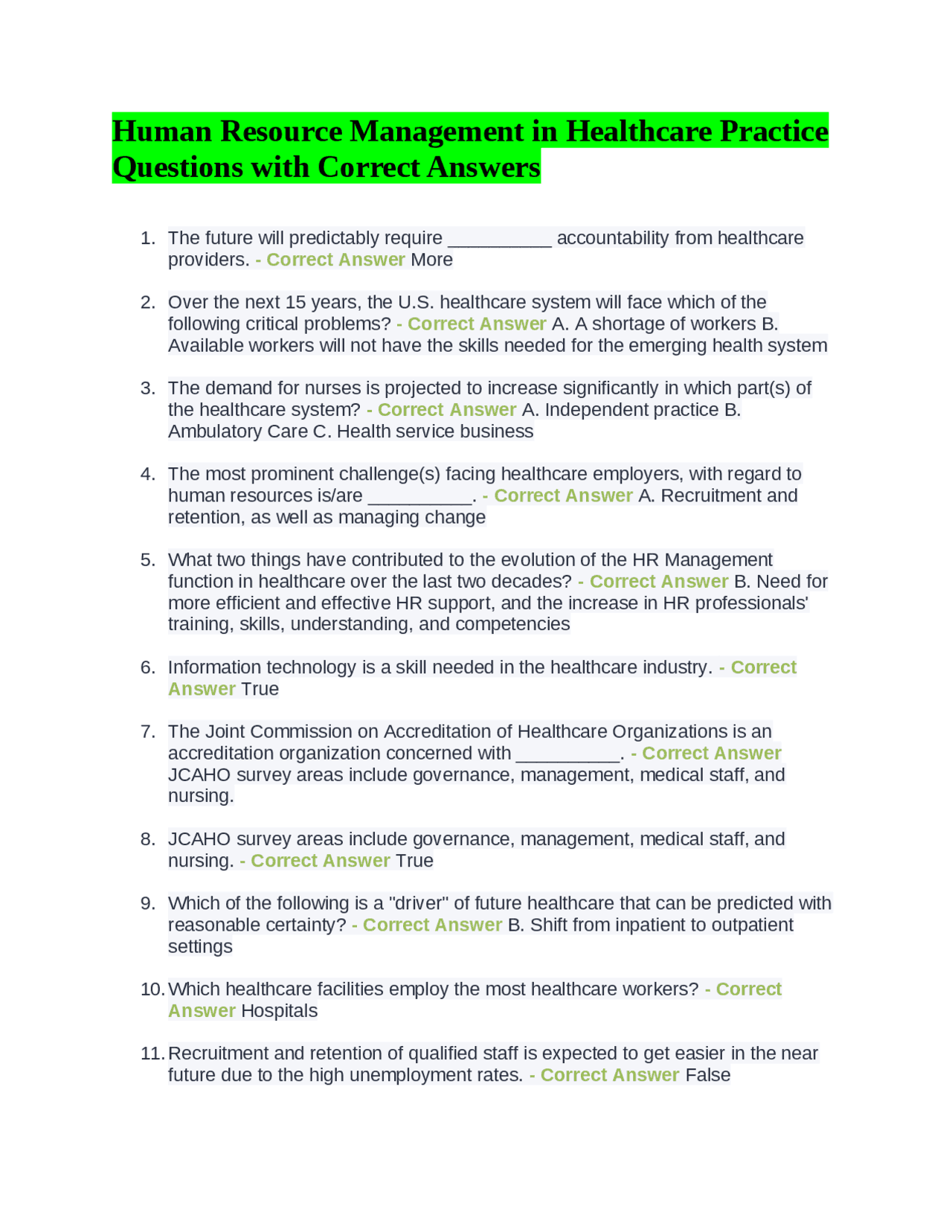 Human Resource Management in Healthcare Practice Questions with Correct ...