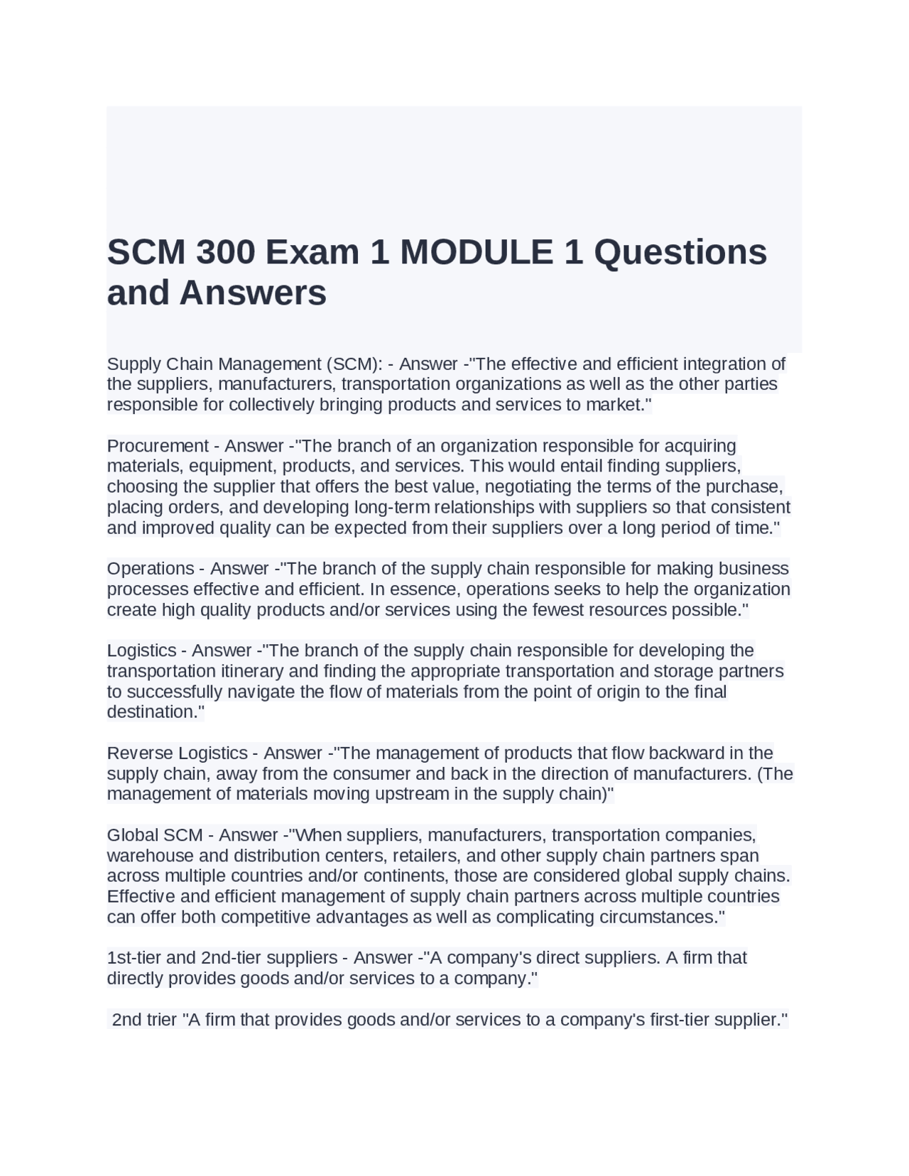 Supply Chain Management Fundamentals | Exams Advanced Education | Docsity