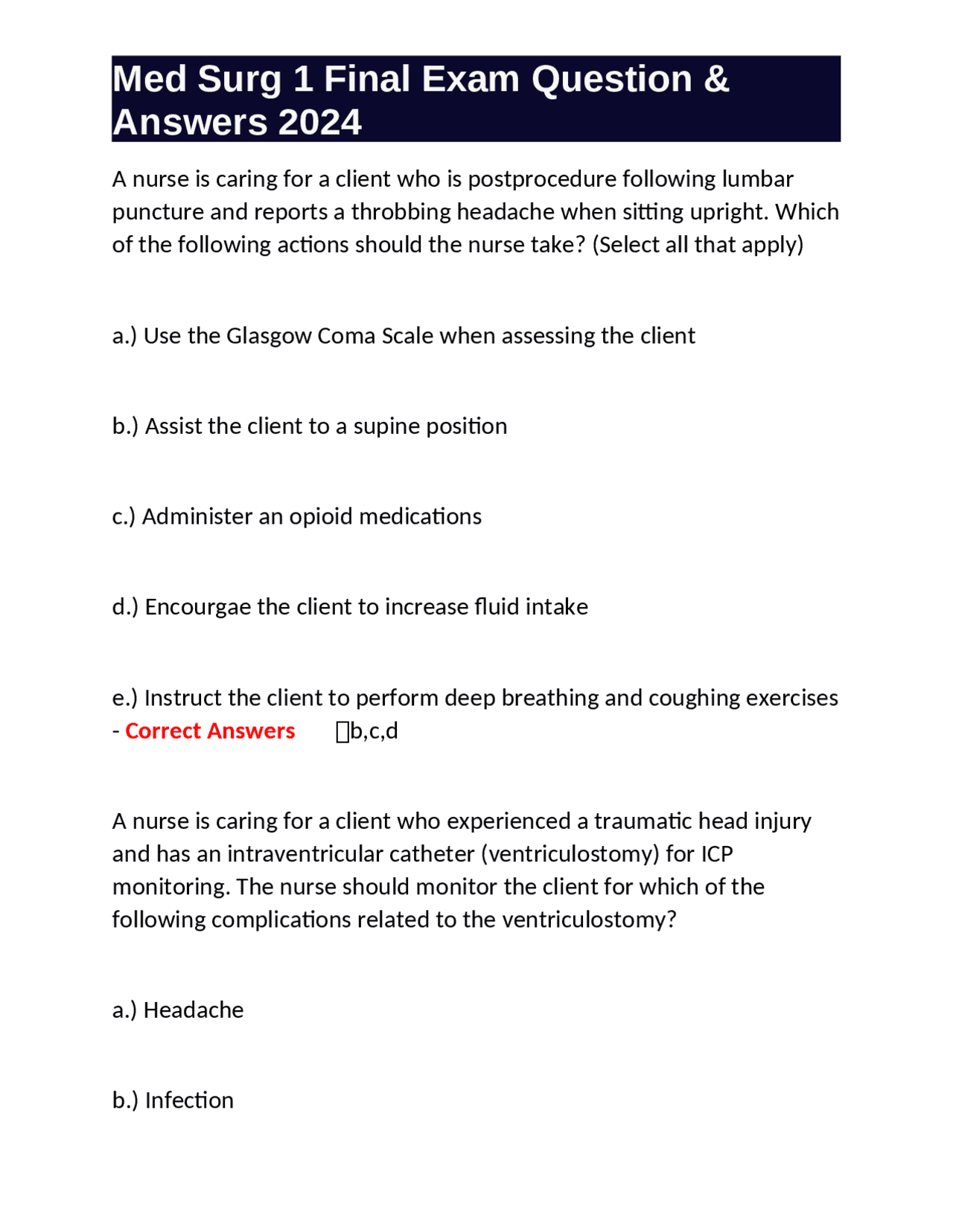 Med Surg 1 Final Exam Questions & Answers 2024 | Exams Nursing | Docsity
