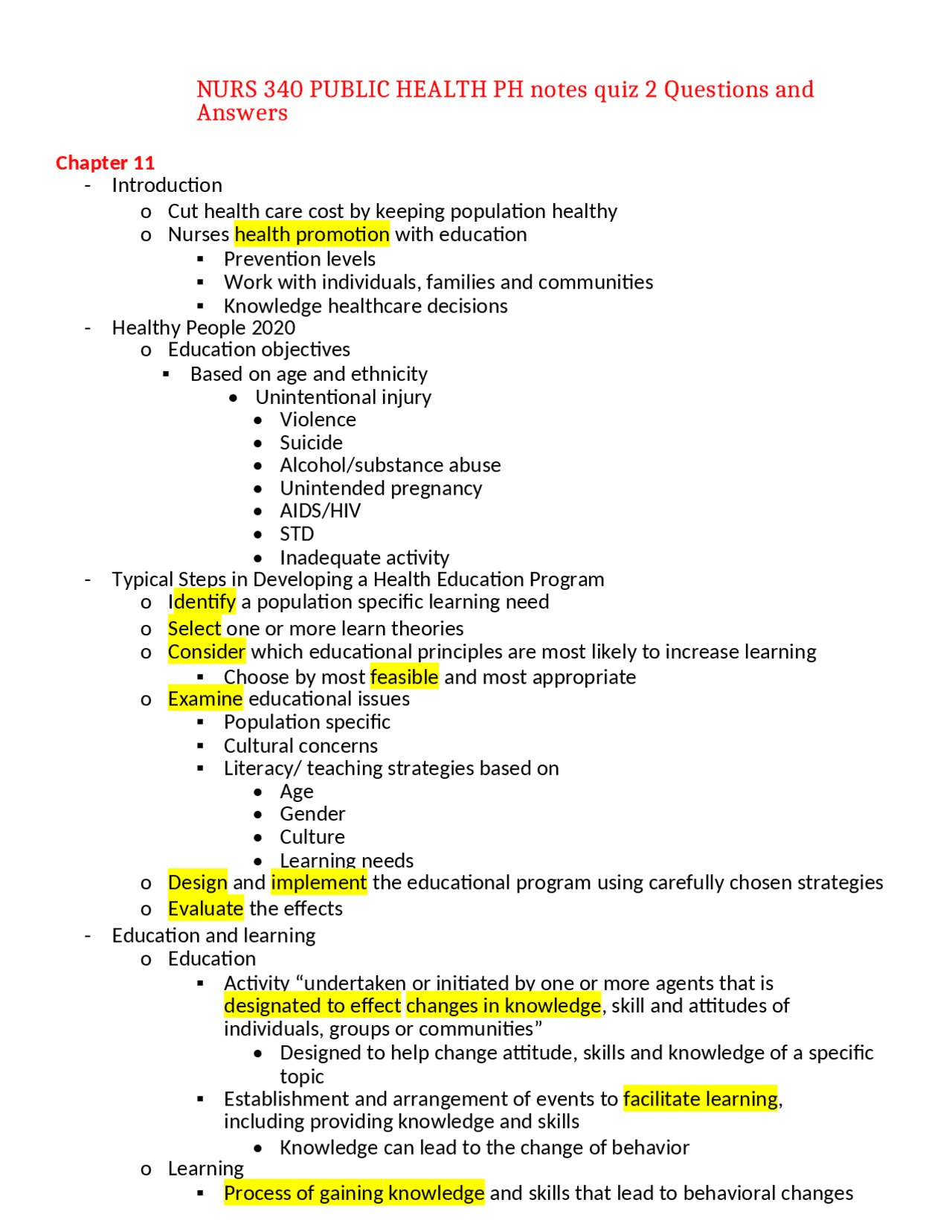 NURS 340 PUBLIC HEALTH PH notes quiz 2 Questions and Answers,100% ...