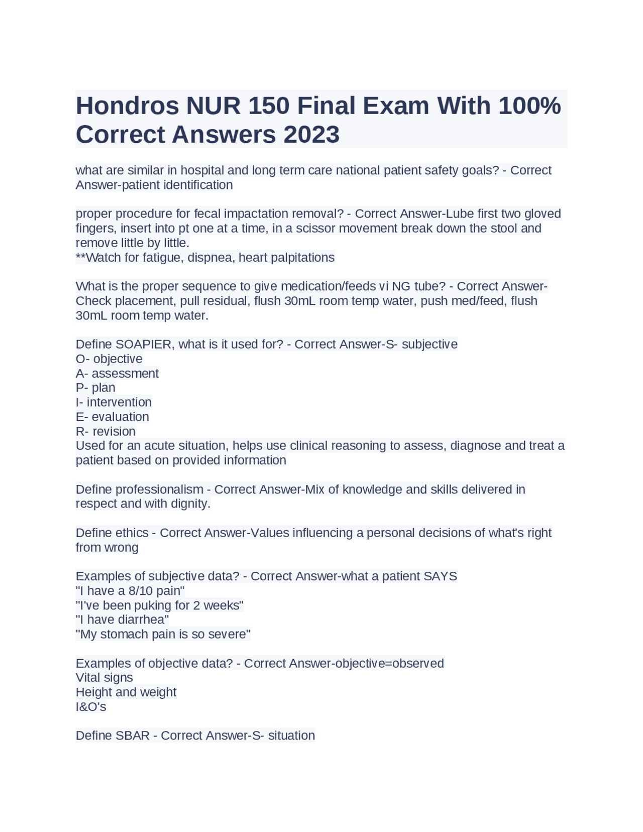 Hondros NUR 150 Final Exam With 100% Correct Answers 2023 | Exams ...