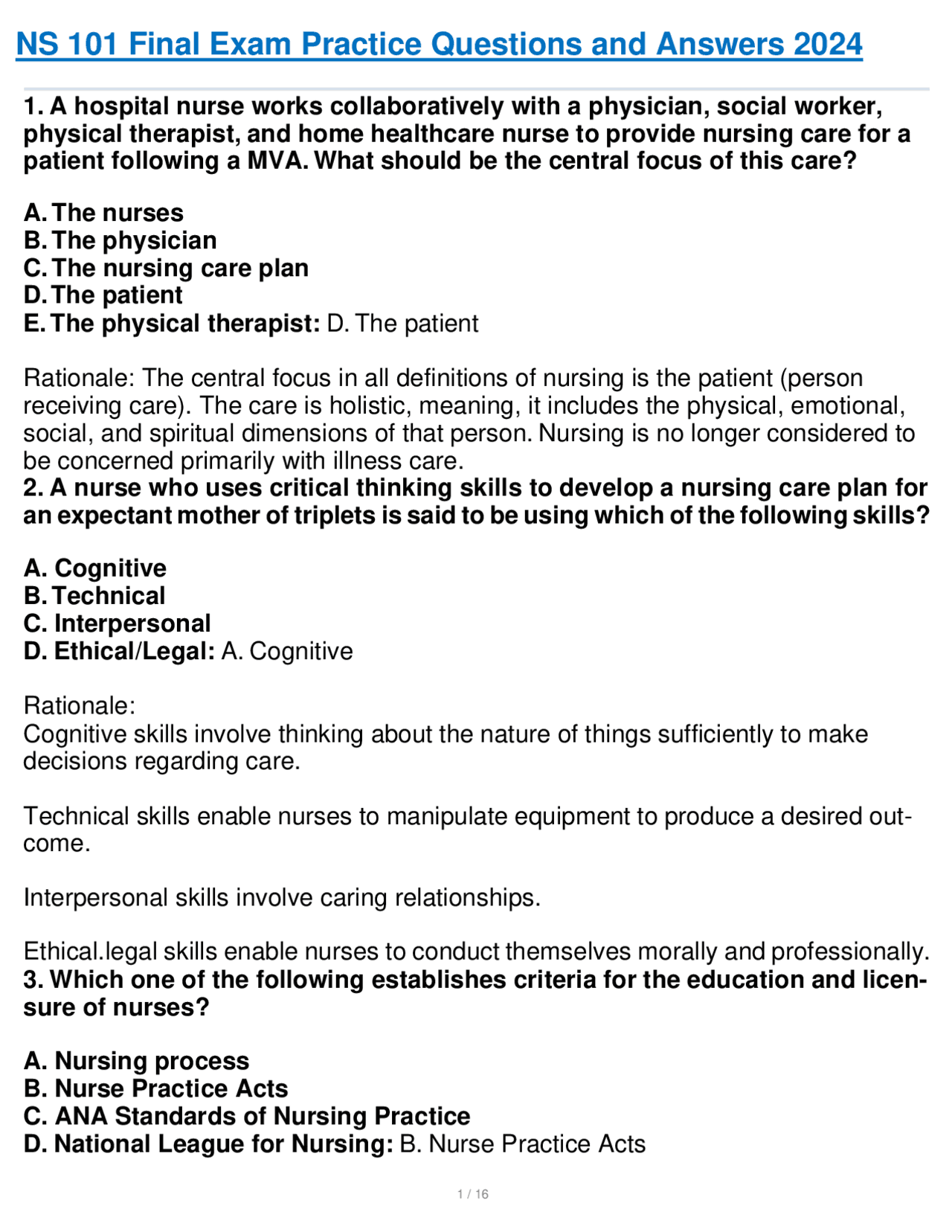 NS 101 Final Exam Practice Questions and Answers 2024 | Exams Nursing ...