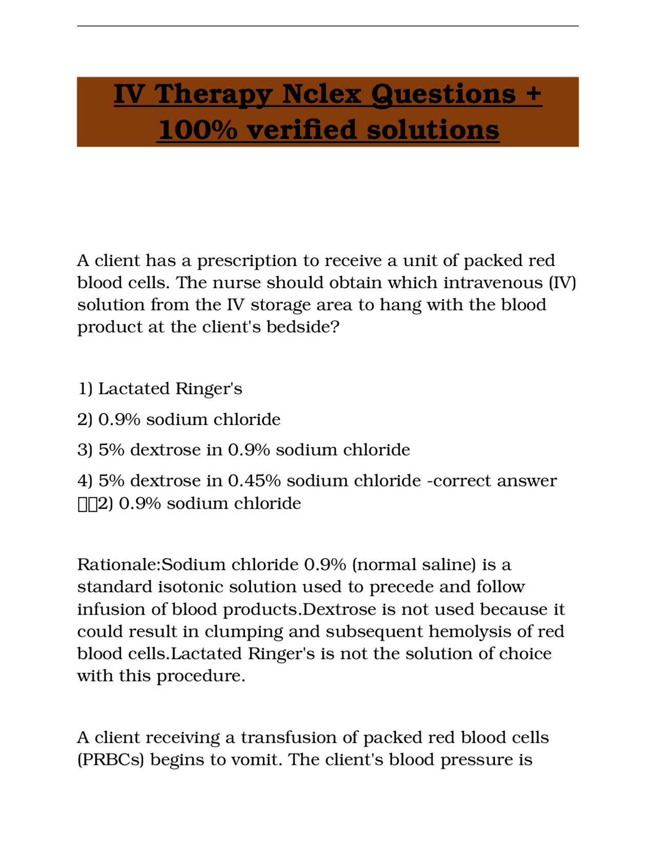 IV Therapy NCLEX Questions and Solutions | Exams Nursing | Docsity