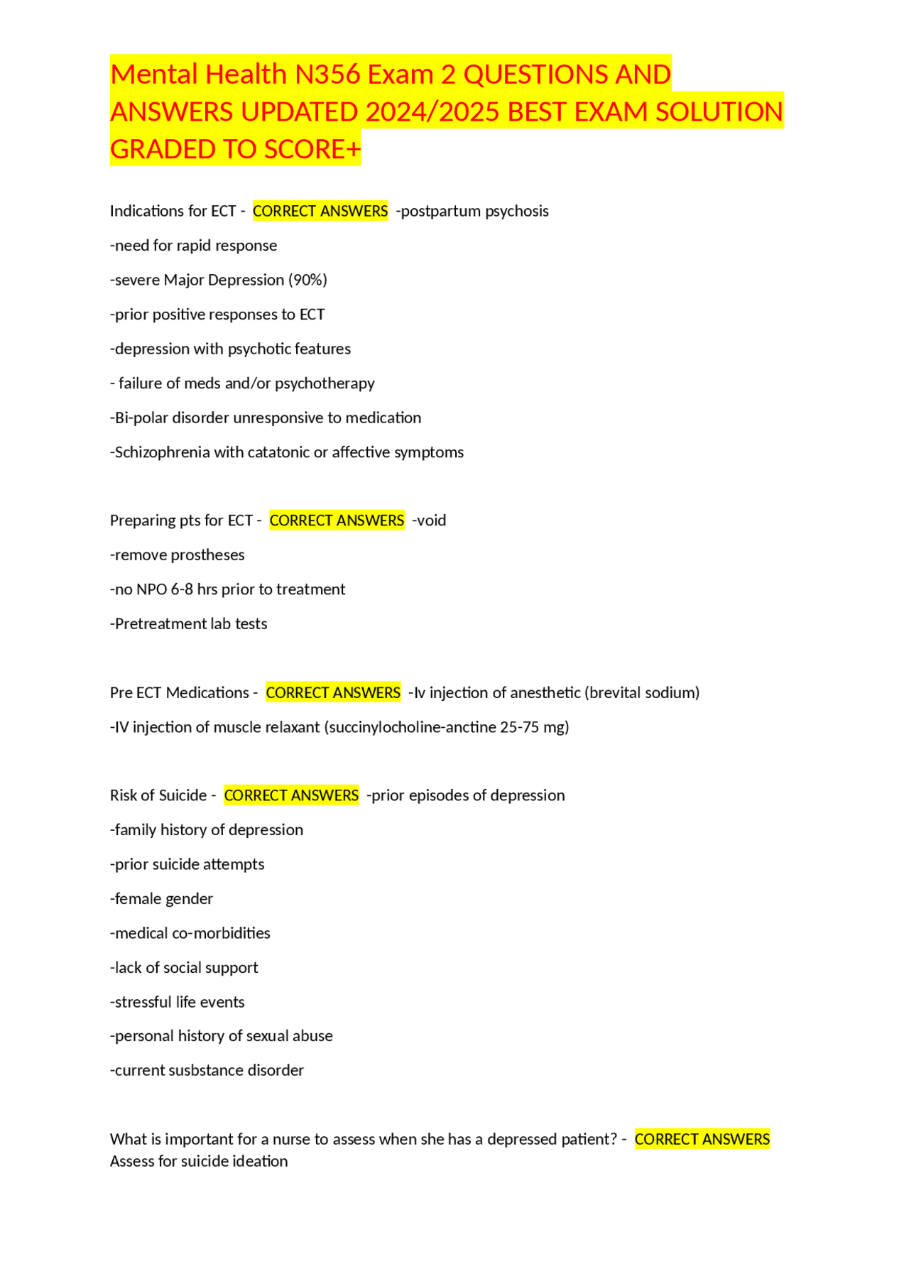 Mental Health Exam 2 Questions and Answers | Exams Nursing | Docsity