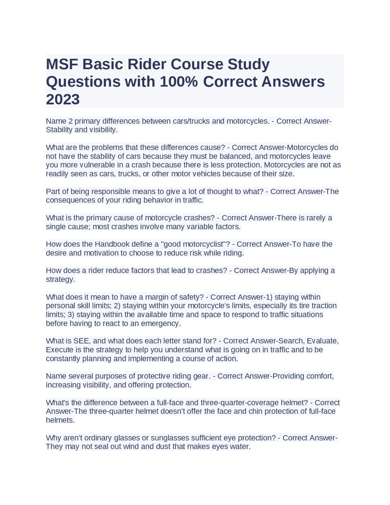 MSF Basic Rider Course Study Questions with 100 Correct Answers 2023