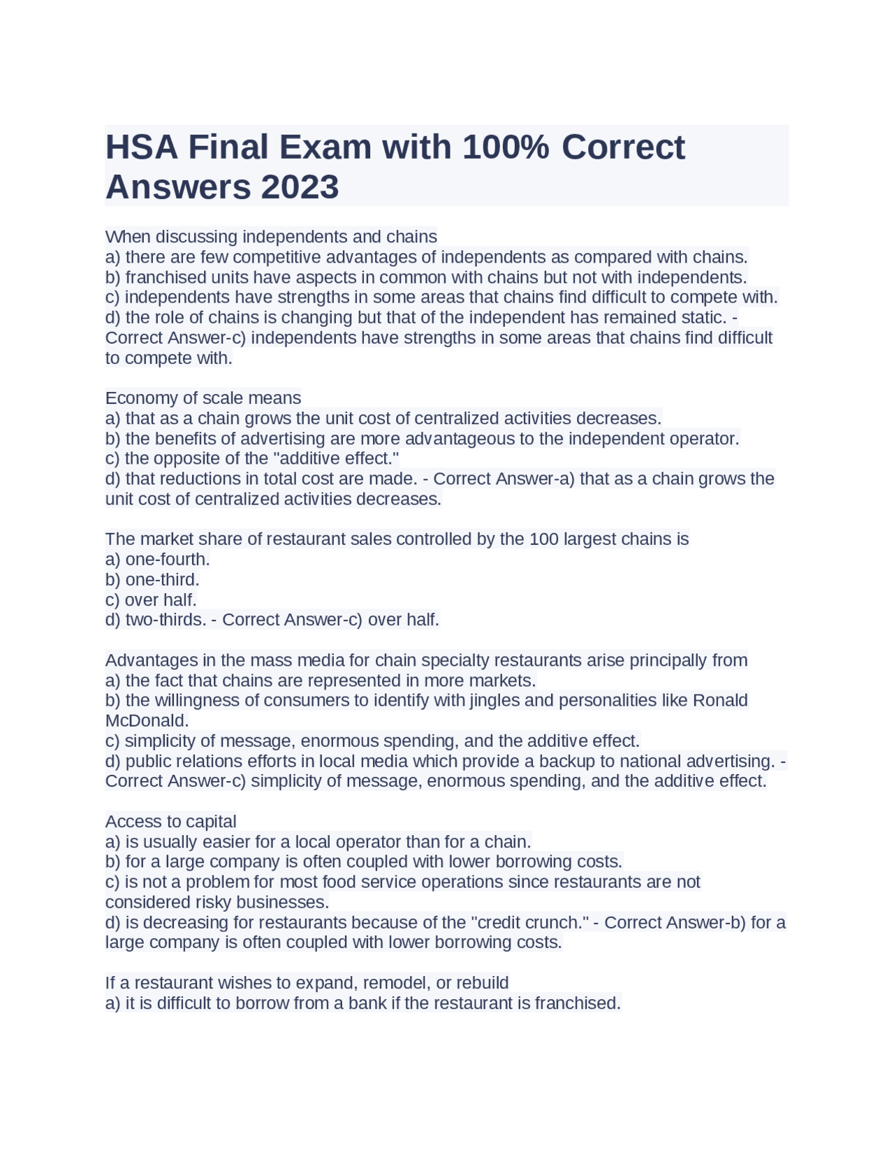 Hsa Questions HSA Final Exam with 100% Correct Answers 2023 | Exams Advanced ...