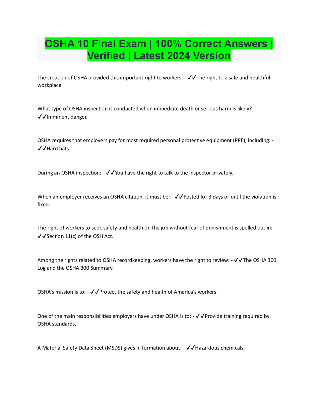 OSHA 10 Final Exam | 100% Correct Answers | Verified | Latest 2024 